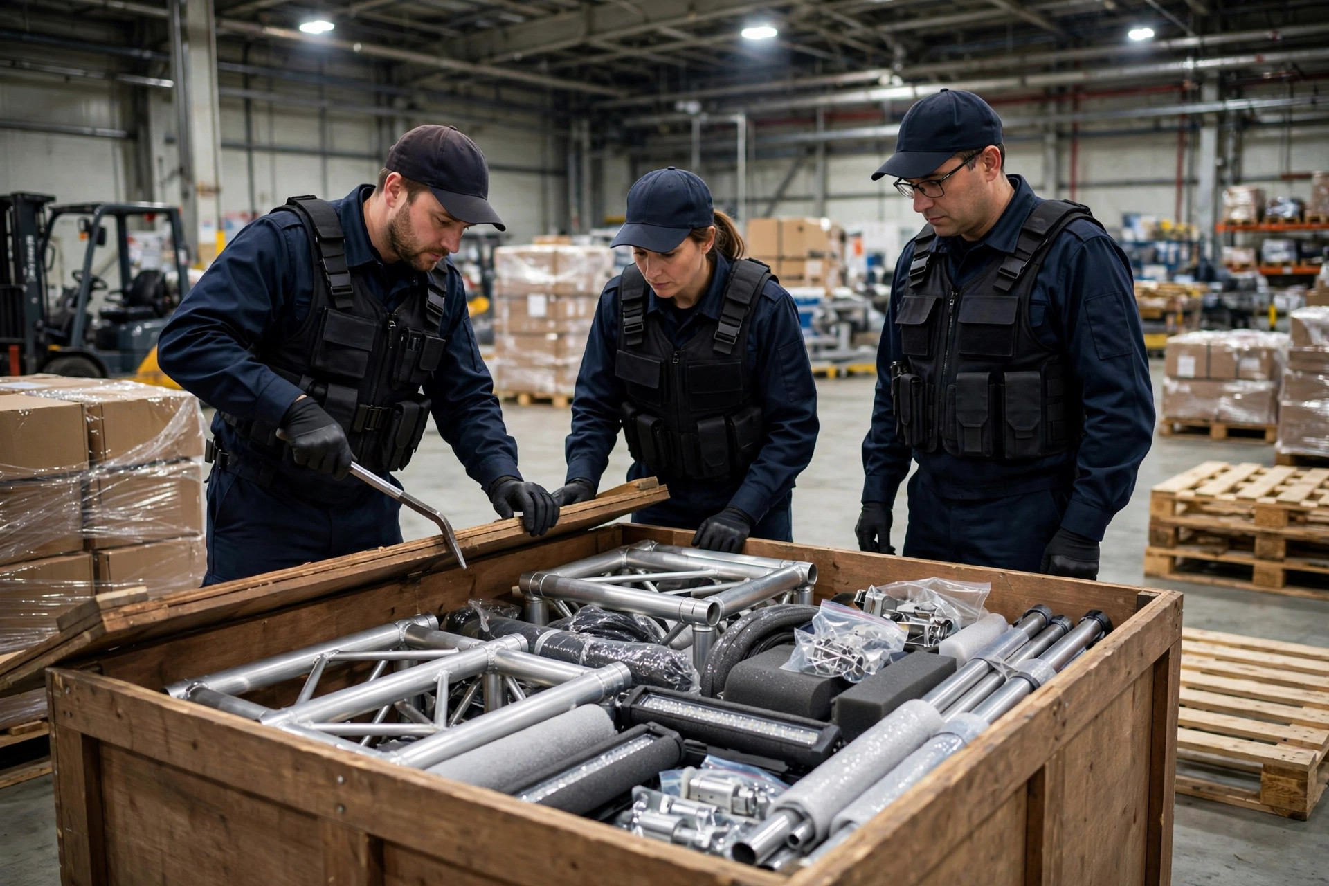 US customs officers inspecting a wooden crate of exhibition equipment