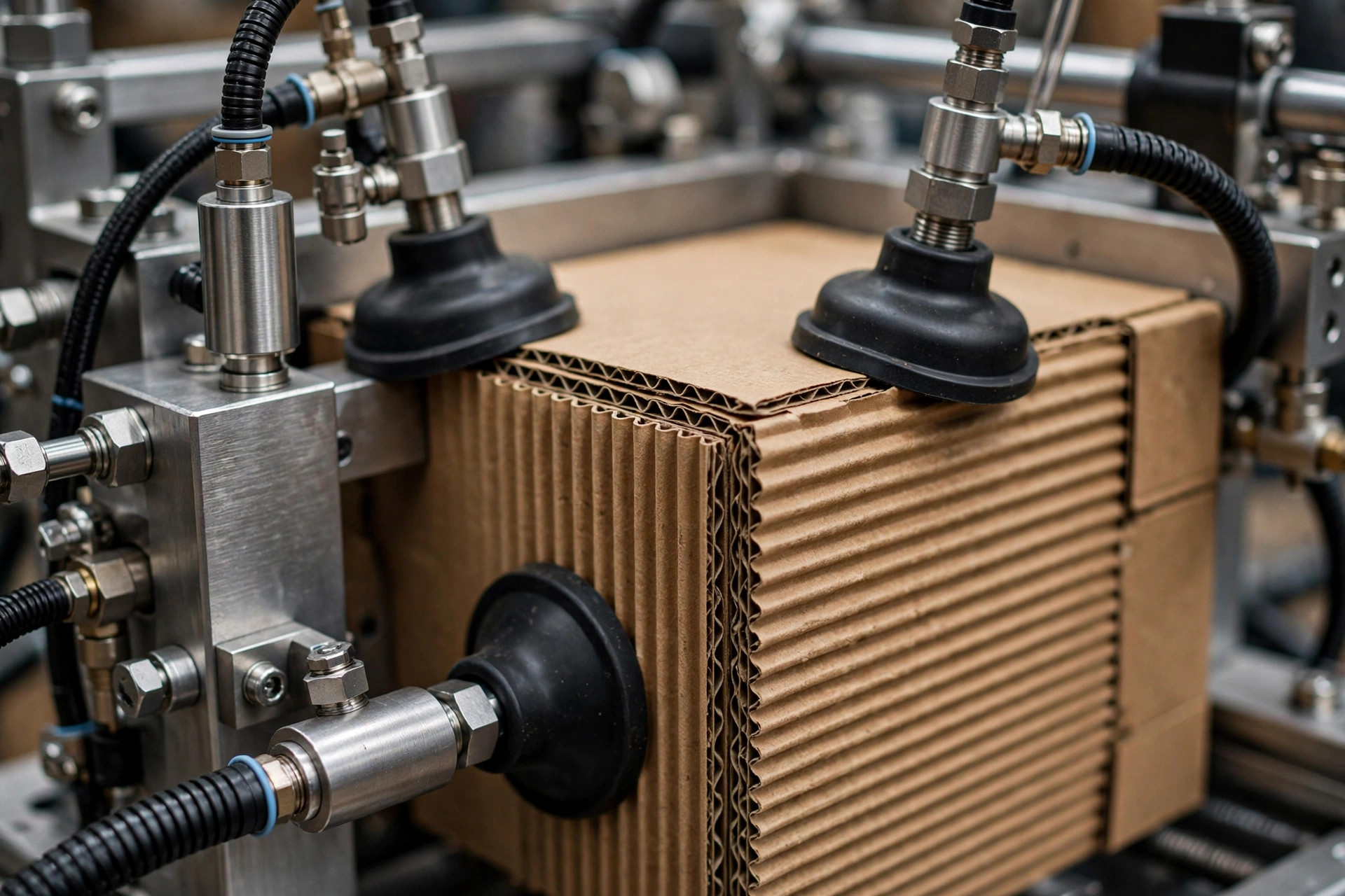 Primer plano de ventosas de vacío agarrando una caja de cartón corrugado en una formadora de cajas