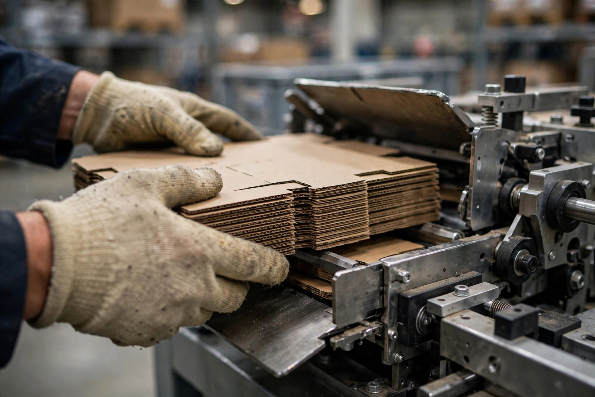 Worker loading flat carton blanks into an automatic case erector