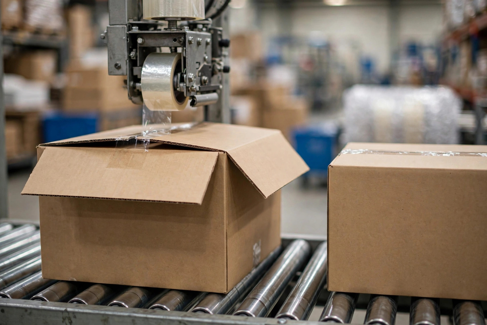 Close-up of box flaps being folded at a case sealer