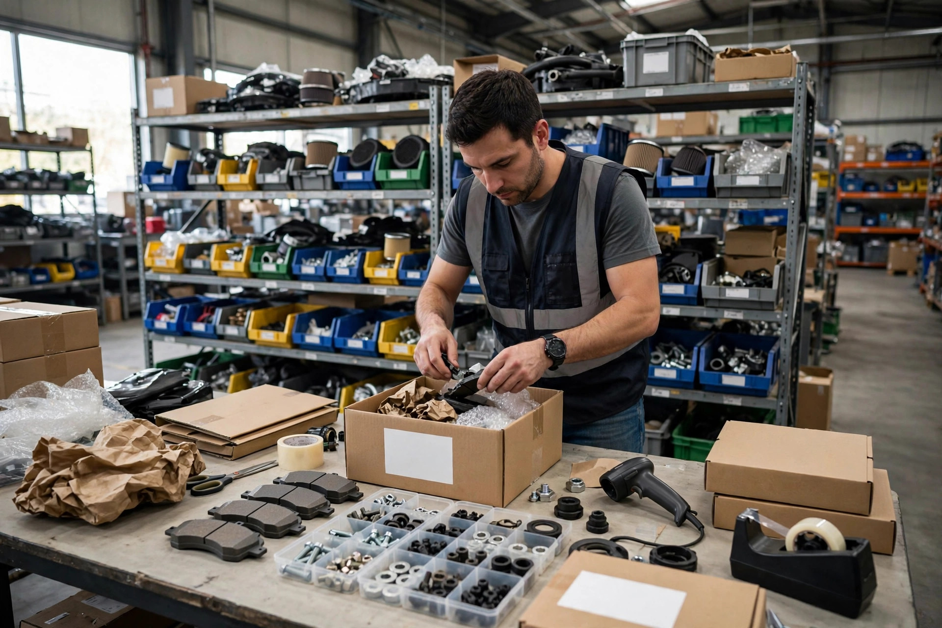 Warehouse packing station where workers box auto parts for clearance orders