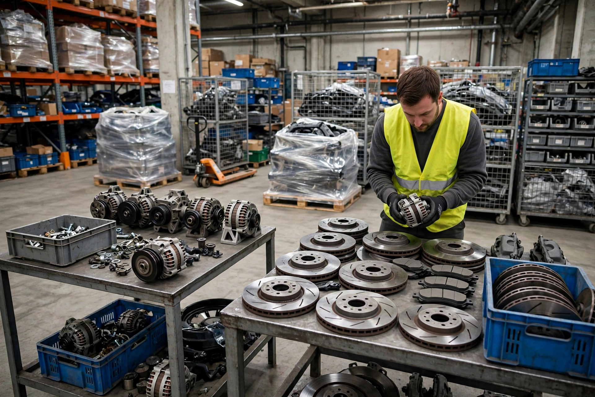 Auto parts warehouse returns triage area: alternators and brake rotors on inspection tables, a worker sorting returned parts