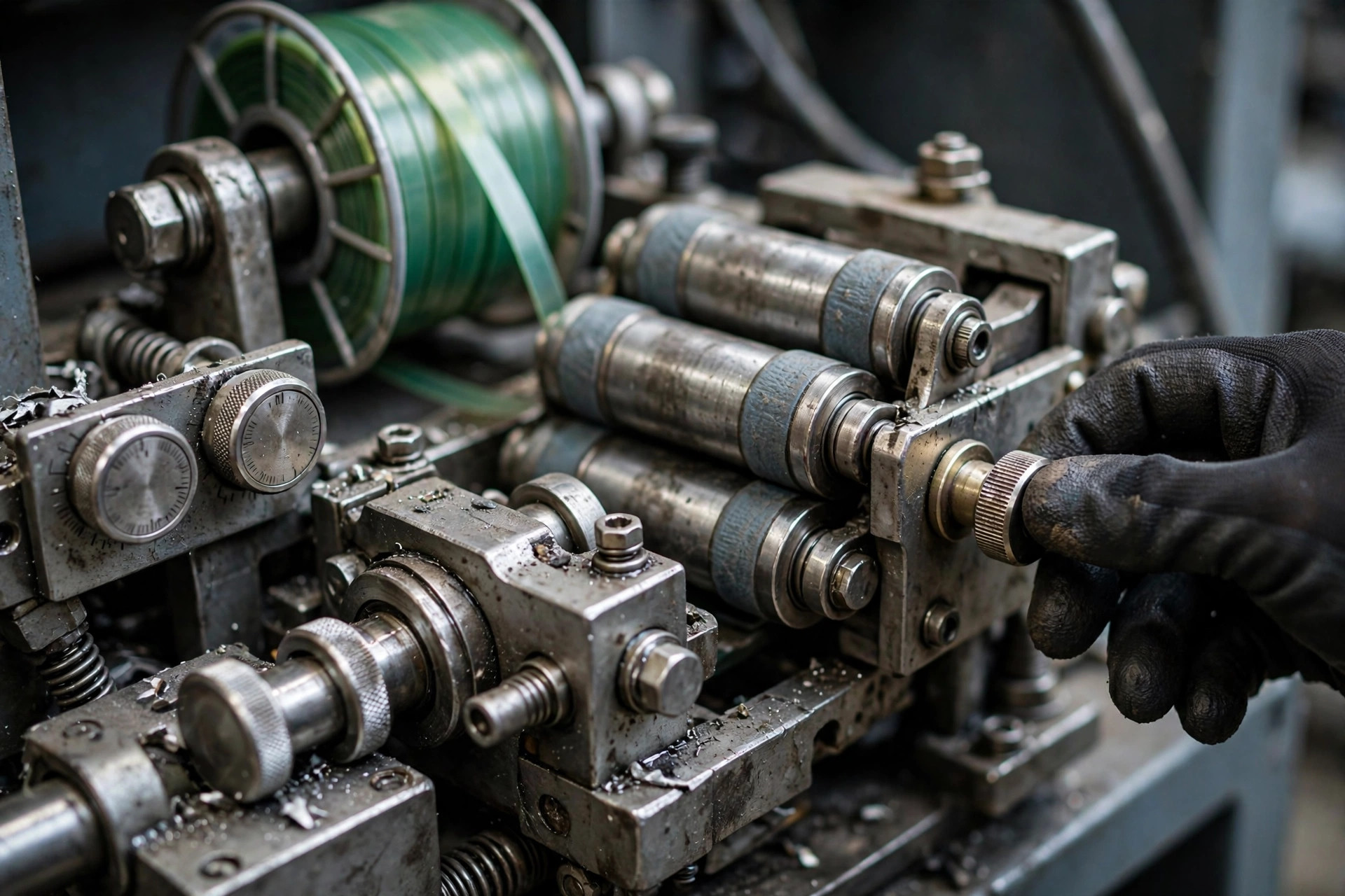 Close-up of a strapping machine sealing head: feed wheels, tension adjustment dial, and sealing unit