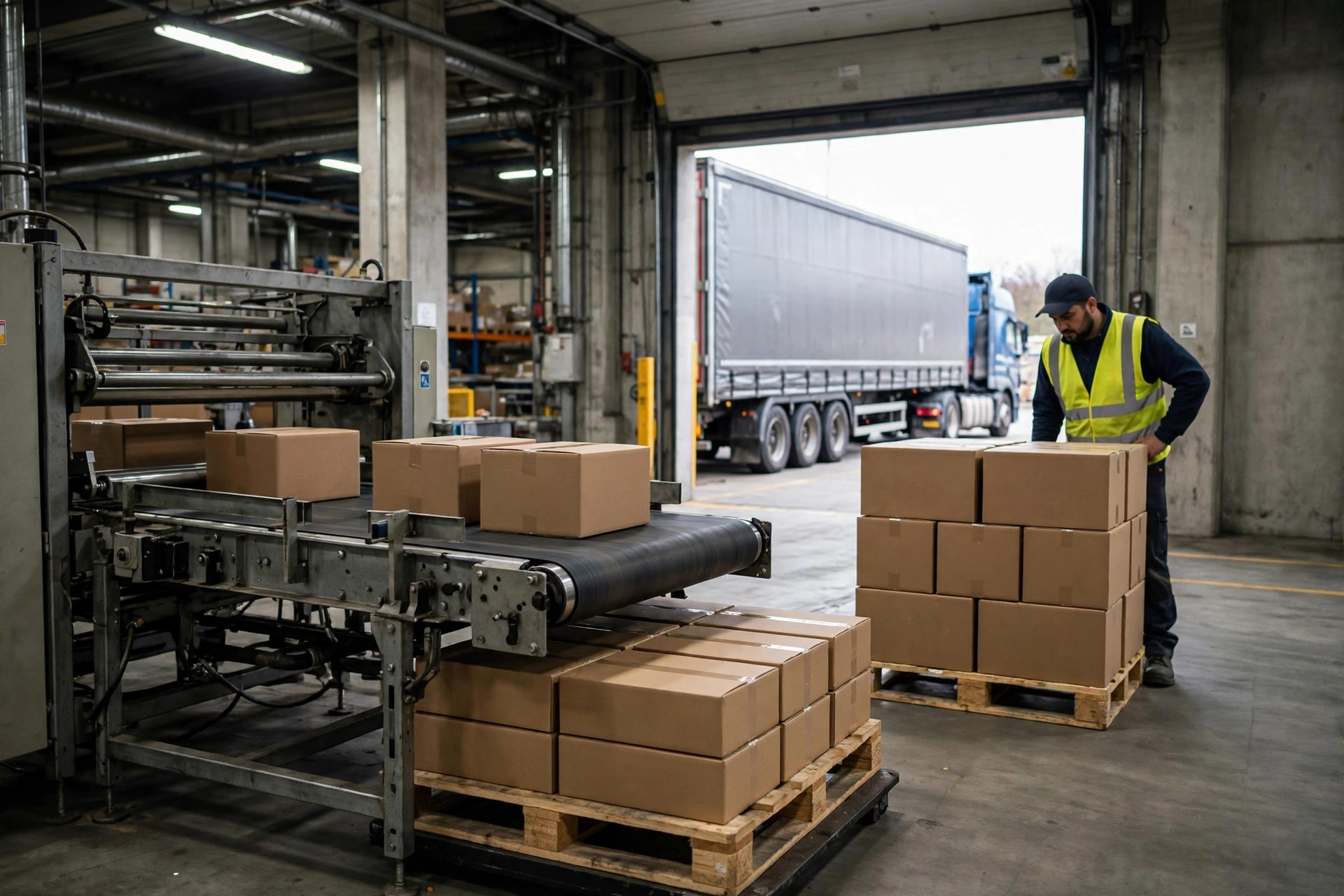 Sealed cases from a case packer being stacked on a pallet at a loading dock, truck waiting behind
