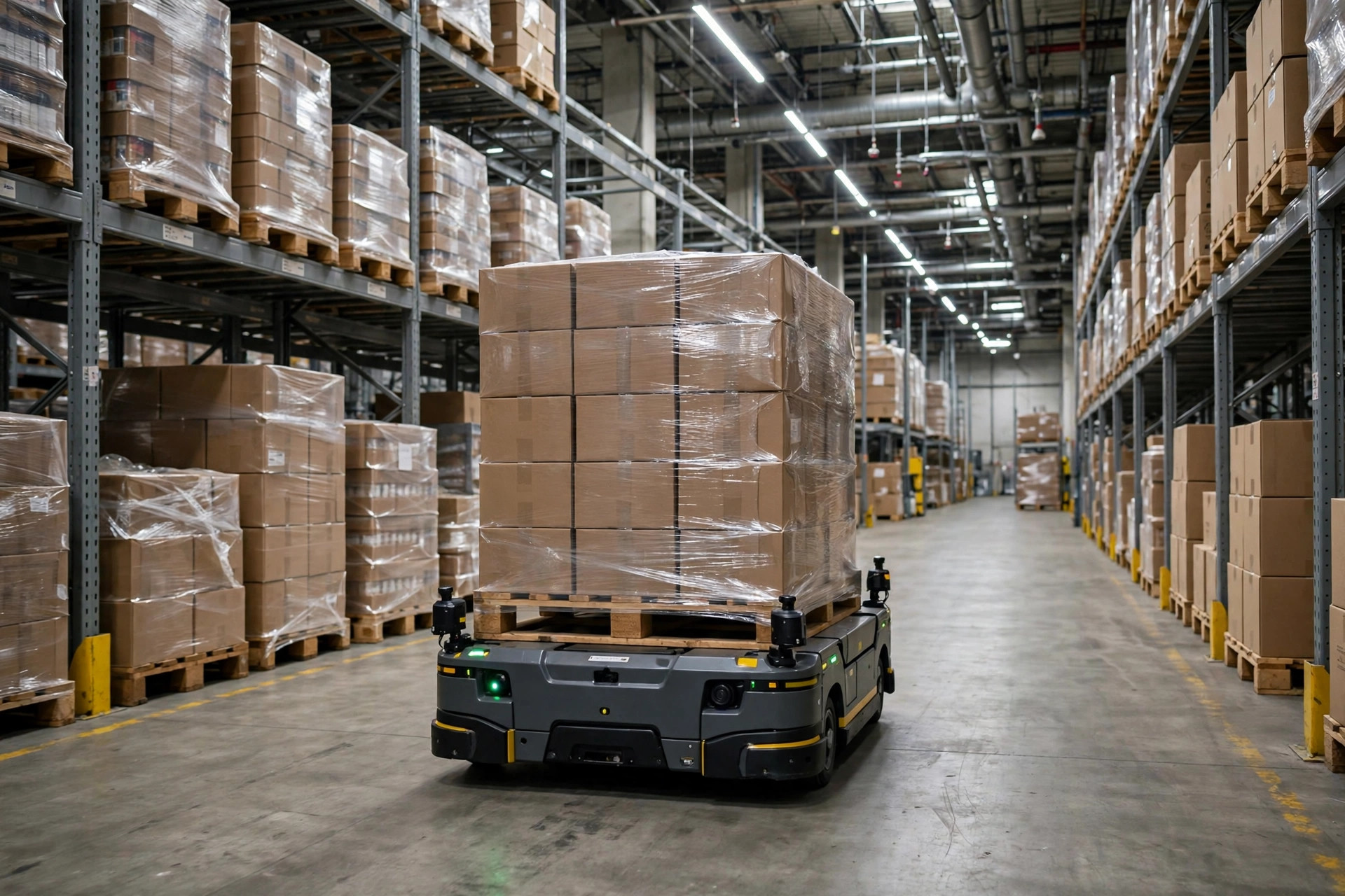 AGV que transporta una tarima completa de cajas por el pasillo de un almacén