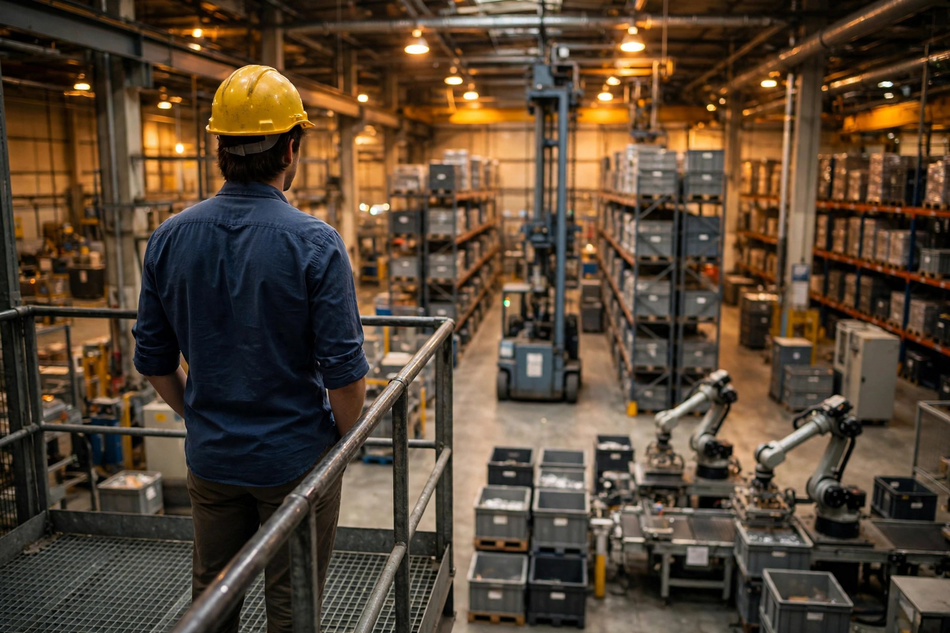 Operations manager looking over automated warehouse equipment