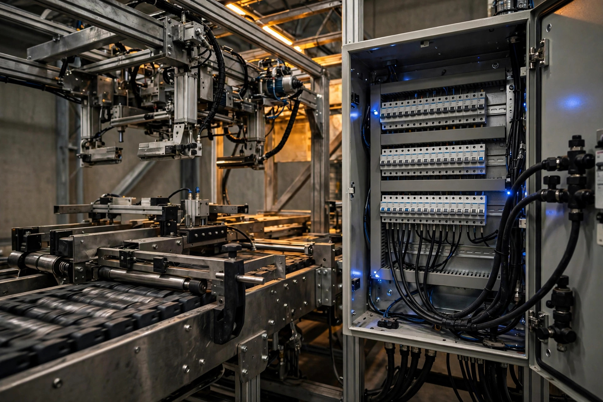 Equipamentos de transportadores de separação operando em um armazém automatizado ao lado de um quadro de distribuição elétrica