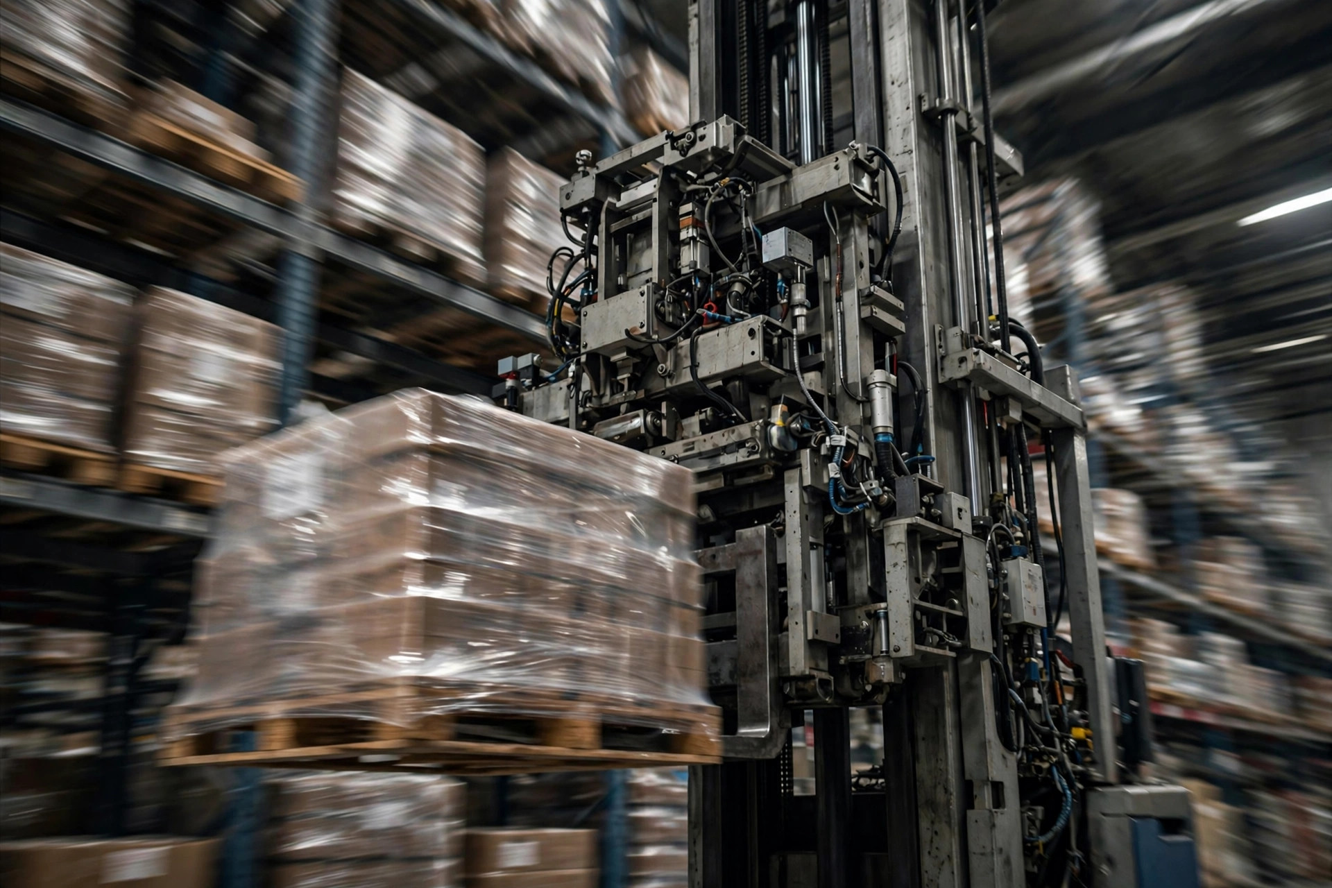 Transstockeur en fonctionnement dans un entrepôt automatisé