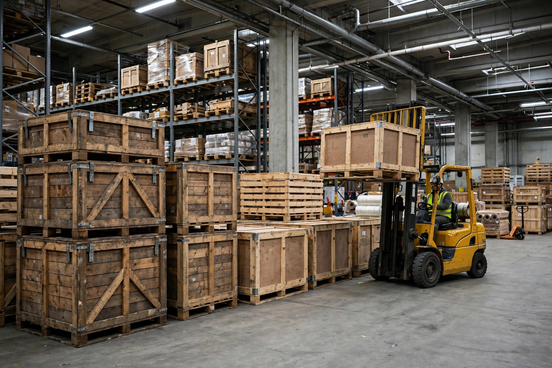 Wooden crates of automation equipment being uncrated at the port