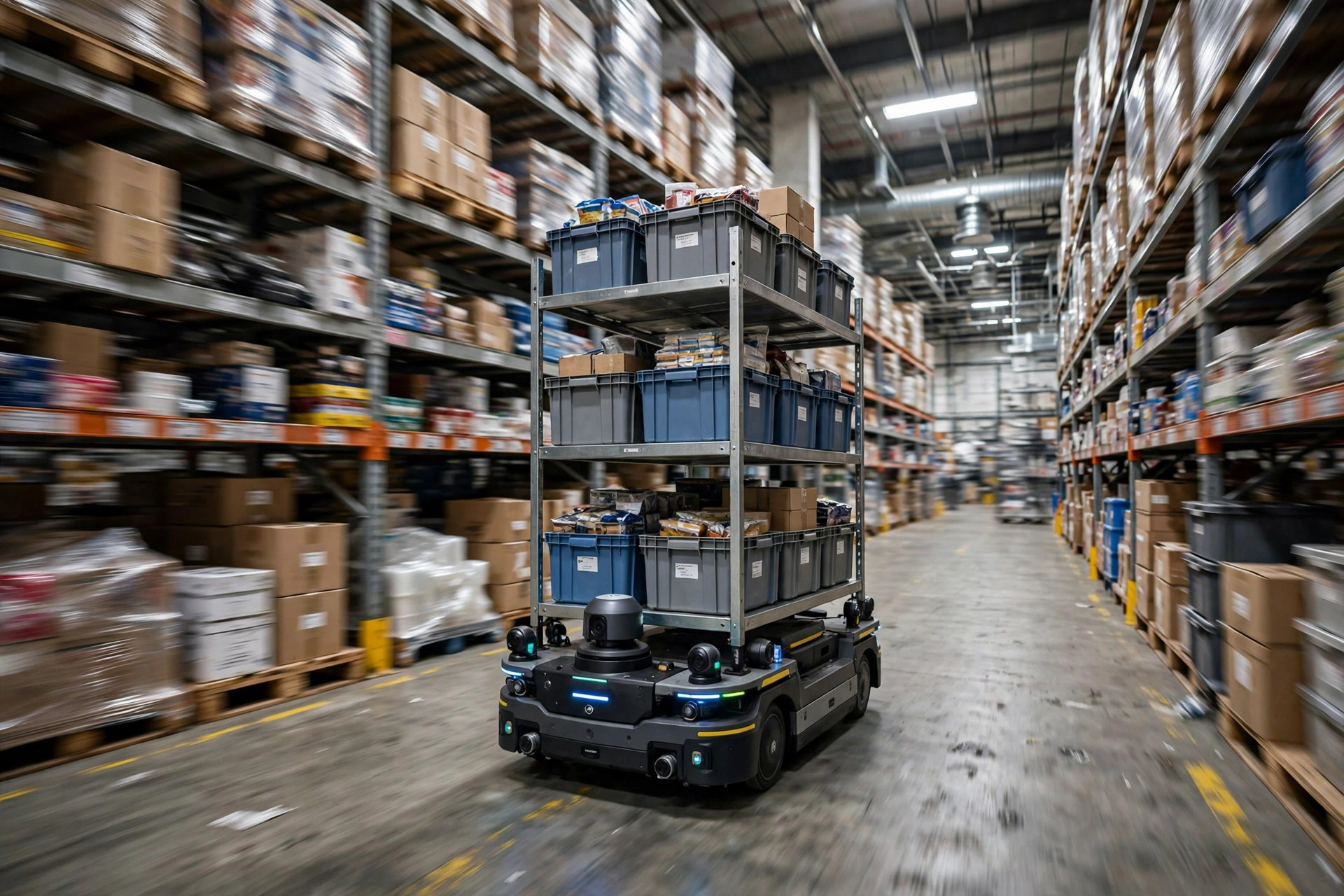 An AMR robot operating in a warehouse aisle