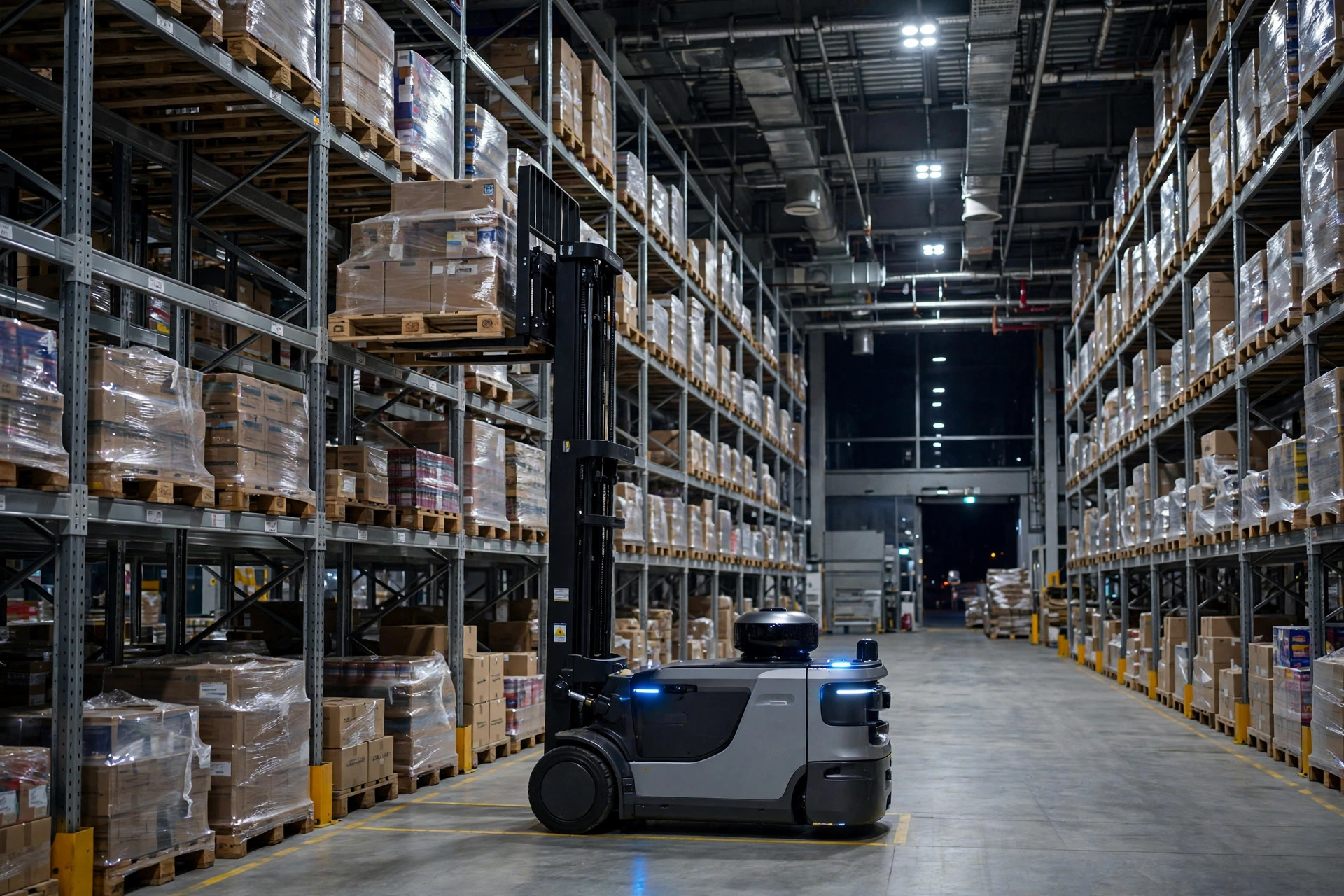 A driverless autonomous forklift lifting a pallet onto a rack in a warehouse at night