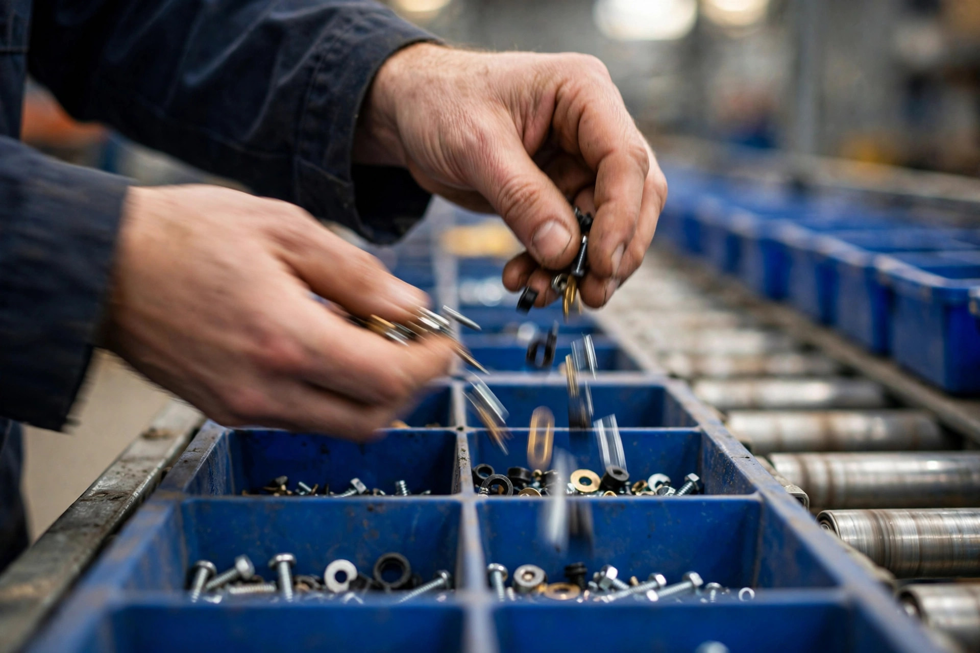 Gros plan de mains triant de petits articles dans des bacs cloisonnés sur un rack à flux
