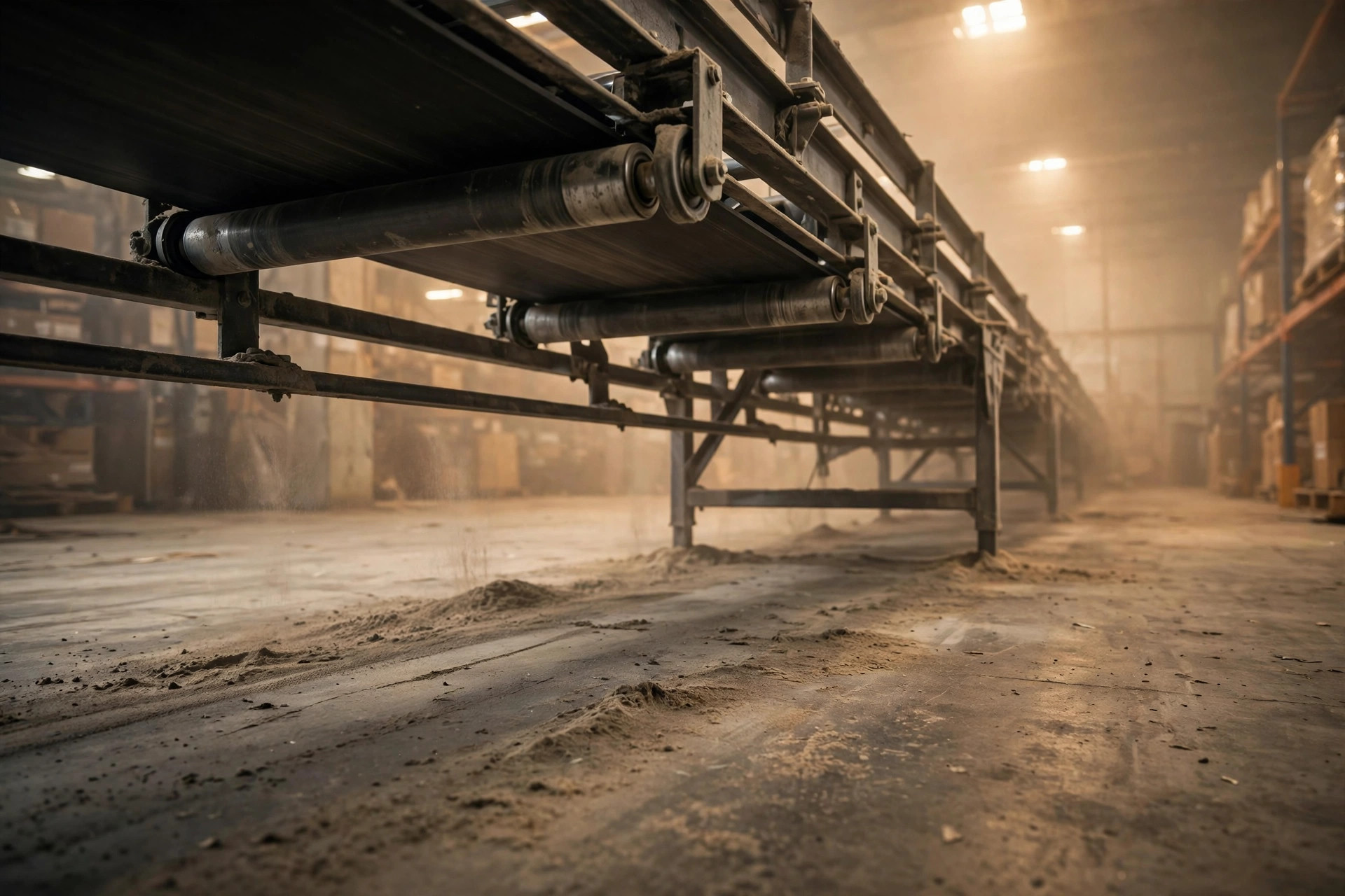 A polyurethane cleaner blade pressed against a conveyor head pulley in a warehouse