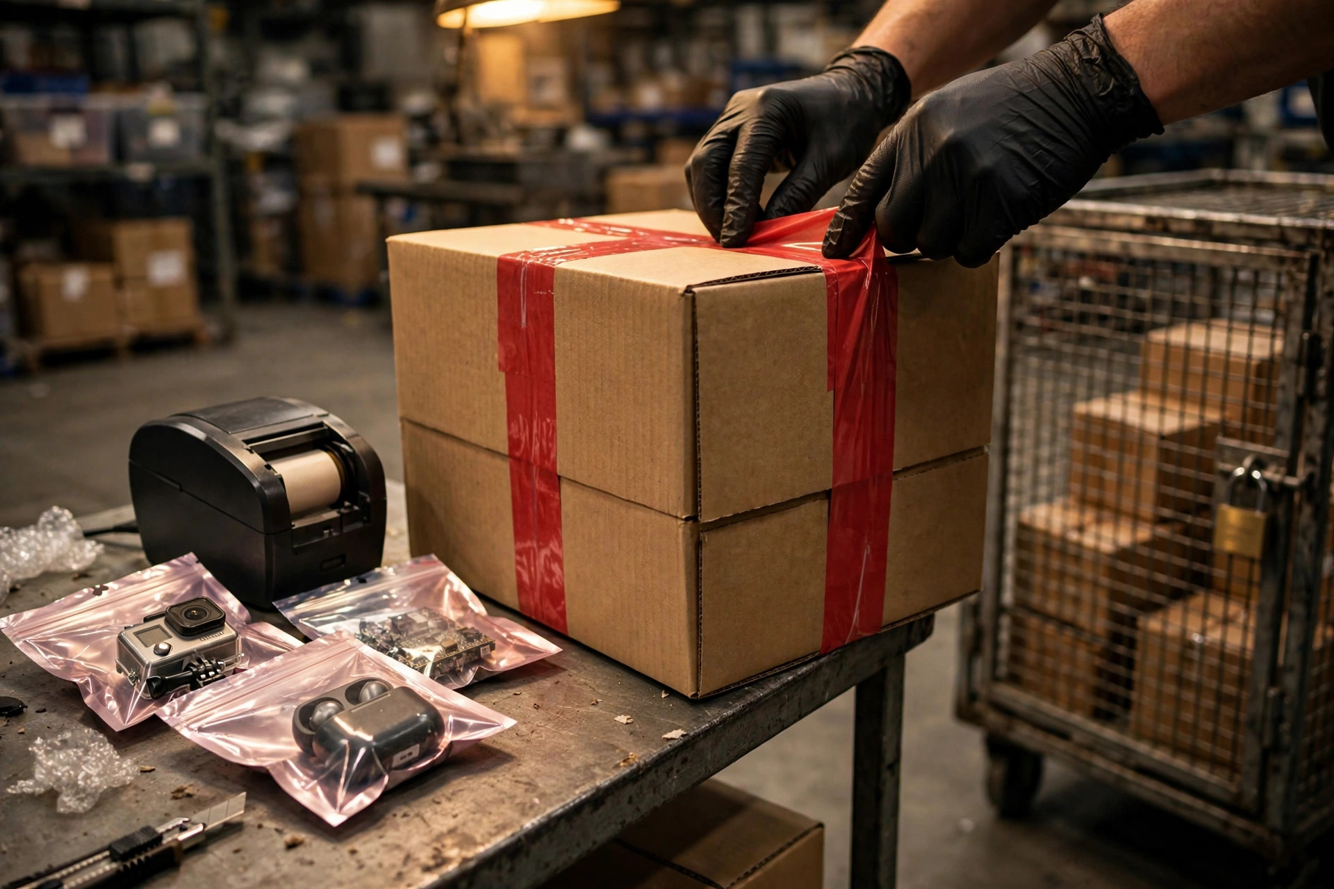 Pack station sealing high-value electronics with tamper-evident tape