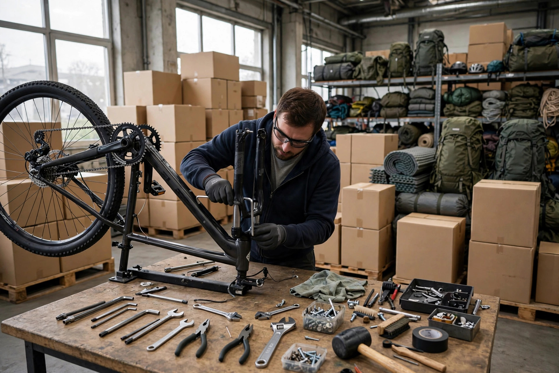 Technician assembling a bicycle in a fulfillment center