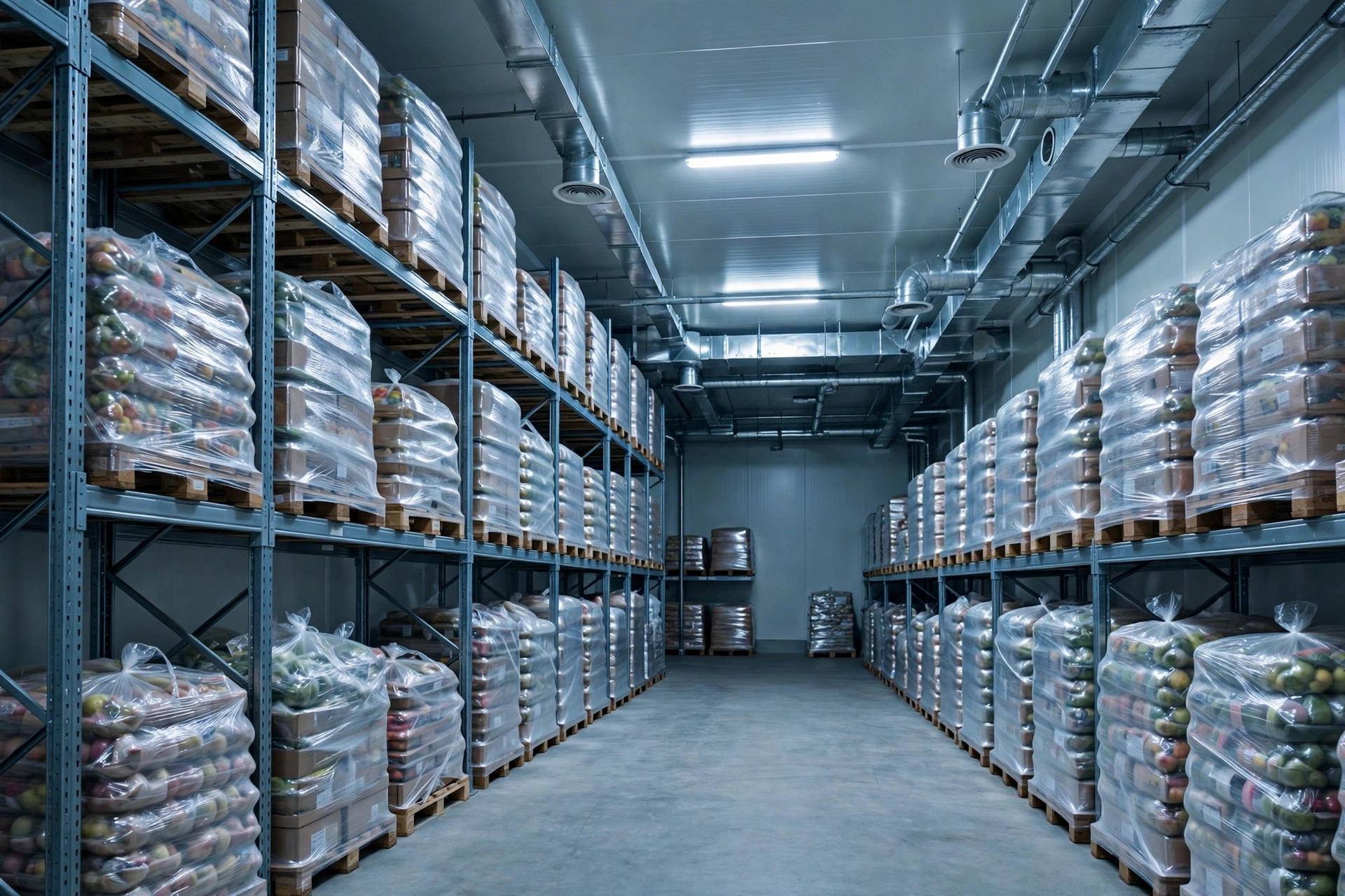 Interior of a standard chill storage room: pallet racks loaded with wrapped goods, clean walls, no frost