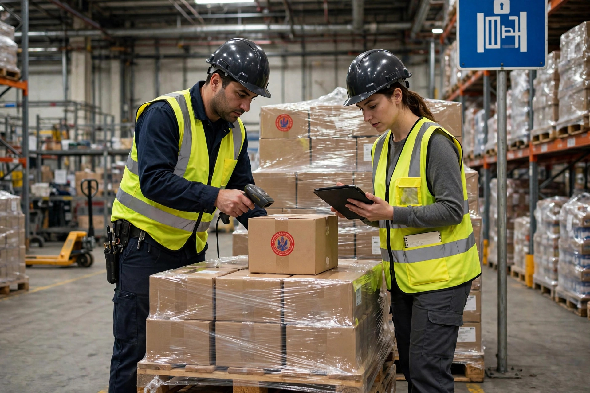 Warehouse staff verifying bonded goods against inventory records in a customs supervision area