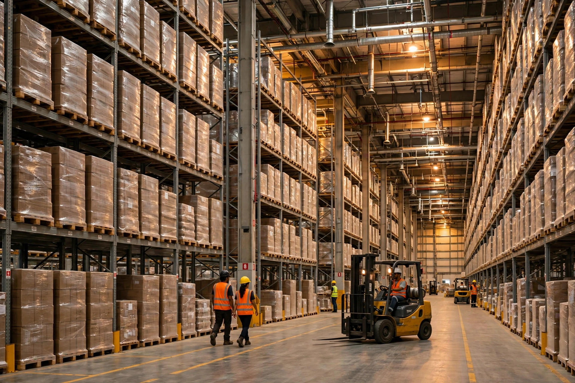 Interior de un centro de distribución brasileño: estanterías de gran altura y operaciones de montacargas