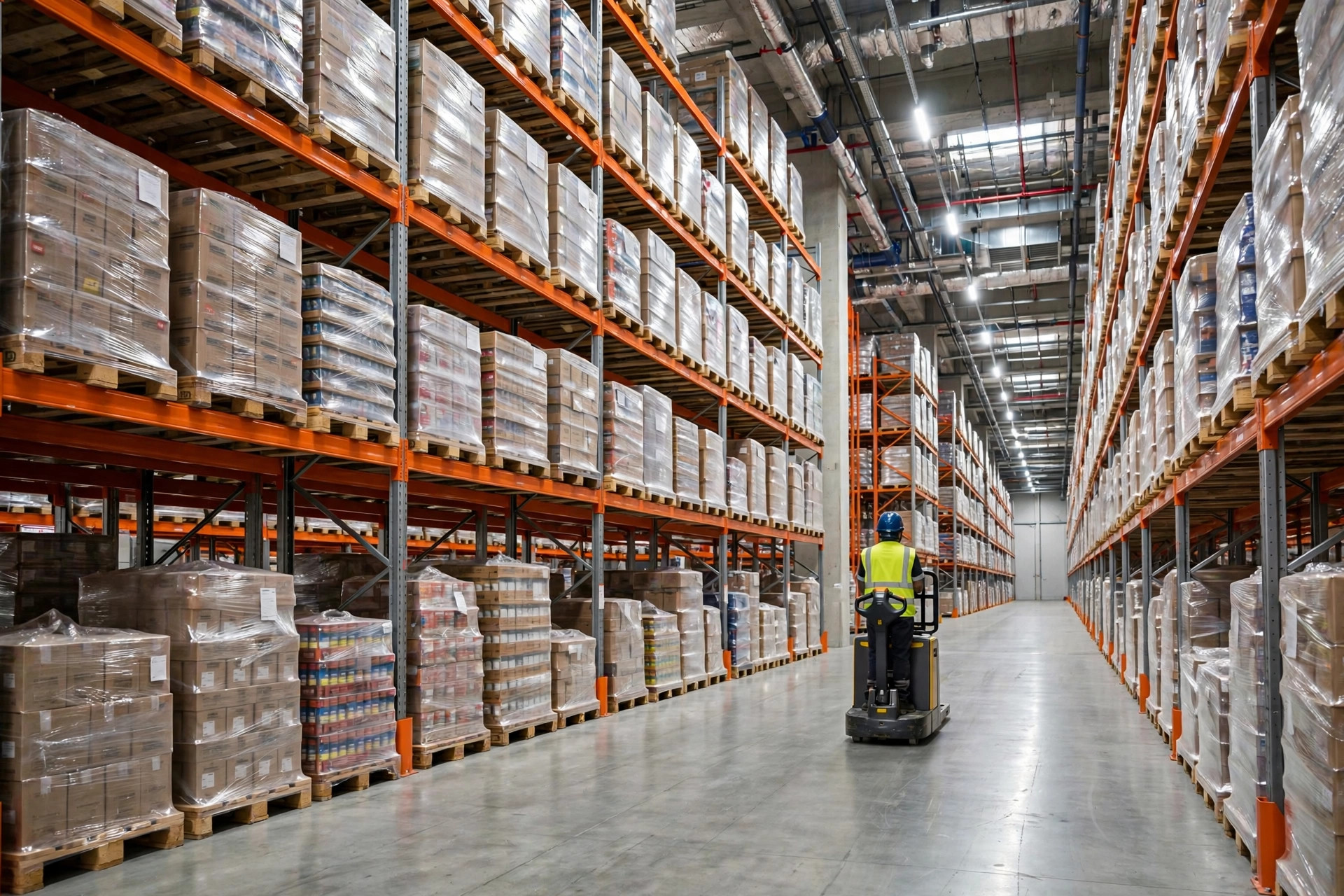Interior of a Class-A warehouse in a São Paulo logistics park, pallet racking and material handling in operation