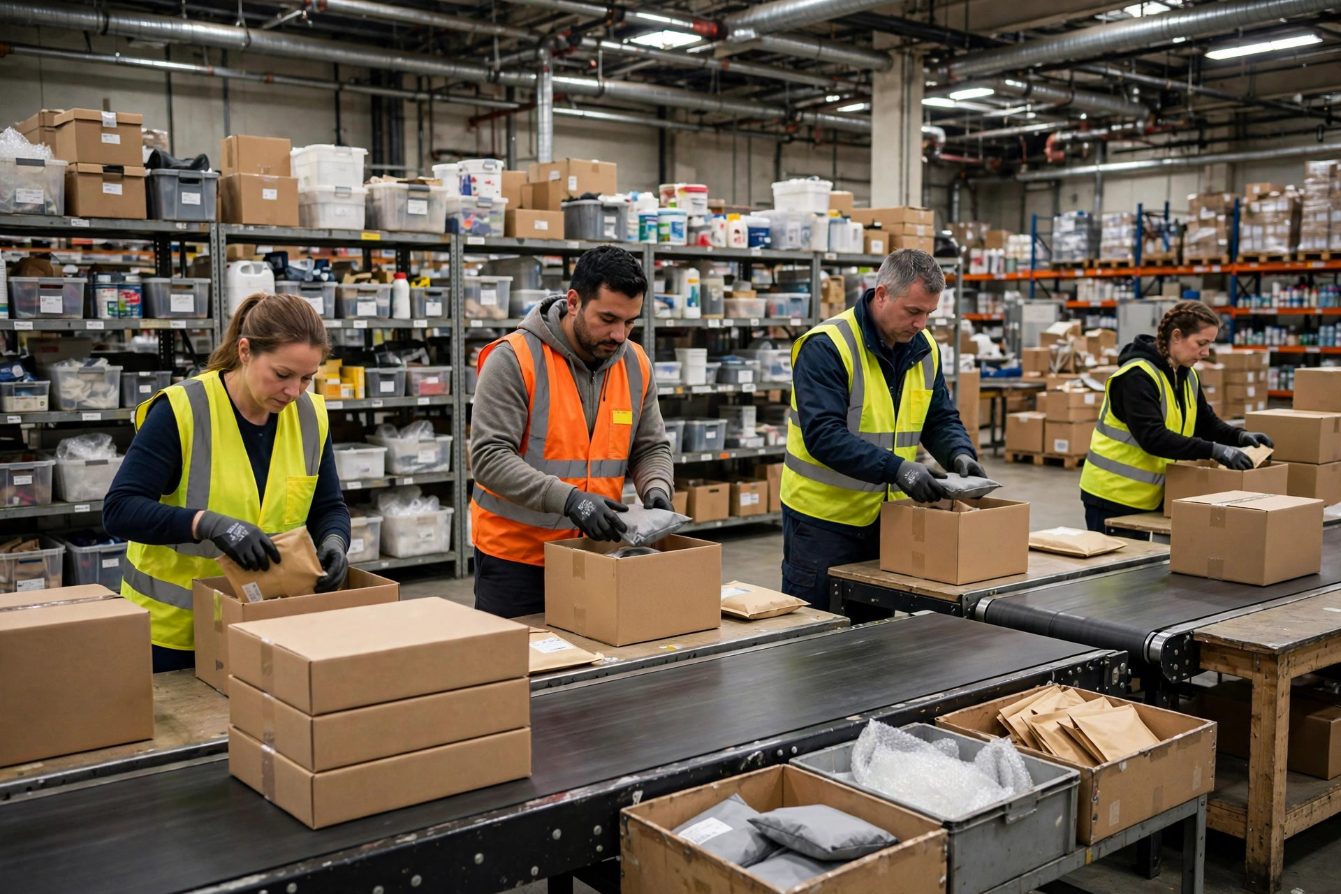 Warehouse workers sorting e-commerce parcels and stocking shelves inside a US fulfillment warehouse