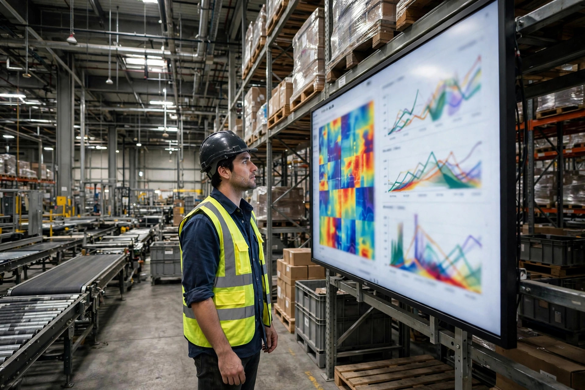 AI vision inspection cameras operating over a warehouse sorting line