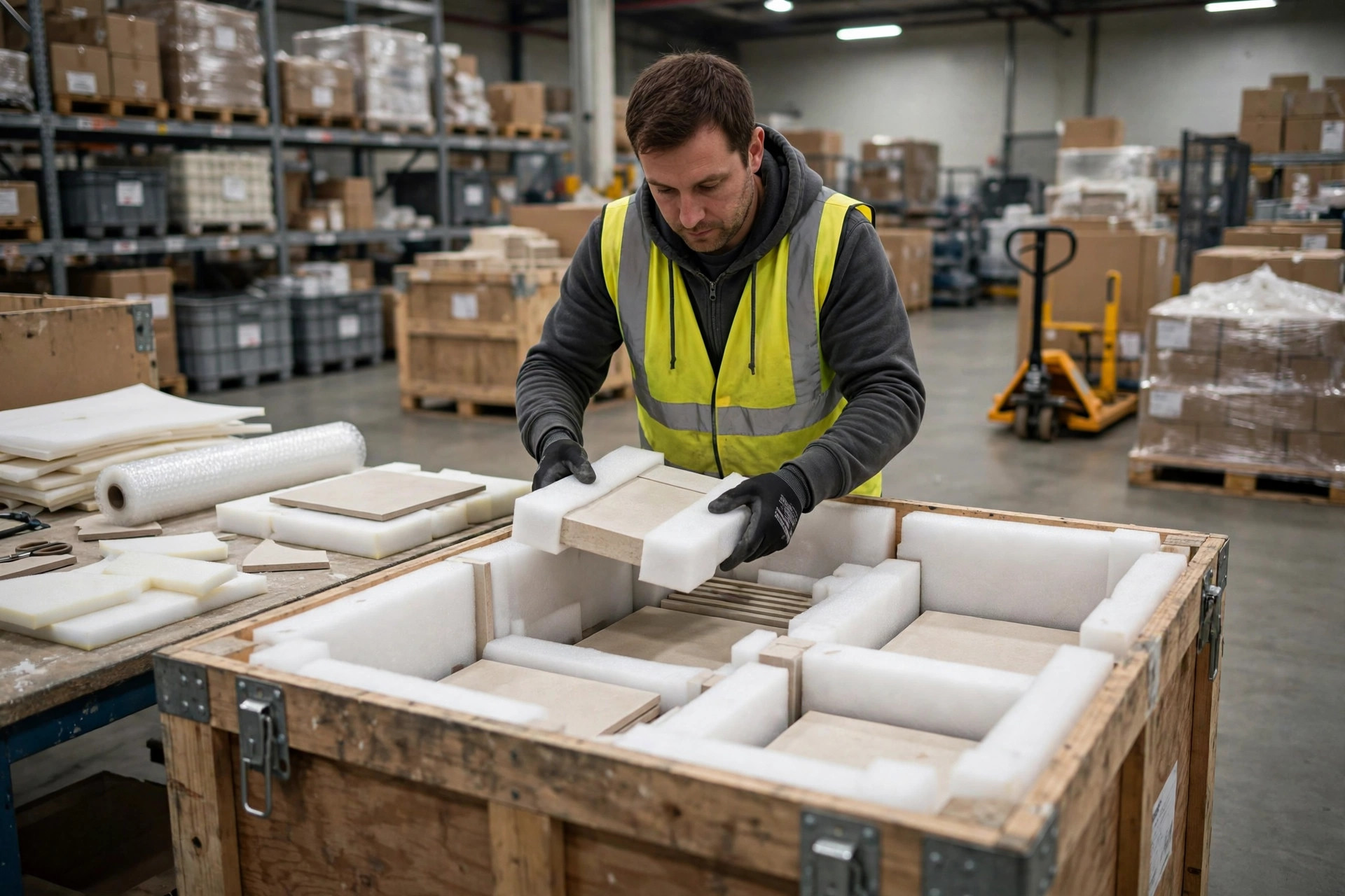 Worker packing ceramic tiles into a reinforced crate