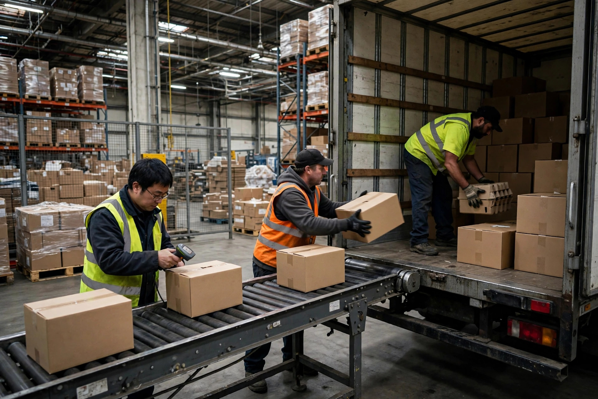 Lumpers cargando cajas de una cinta transportadora a un camión de caja dentro de un almacén de distribución