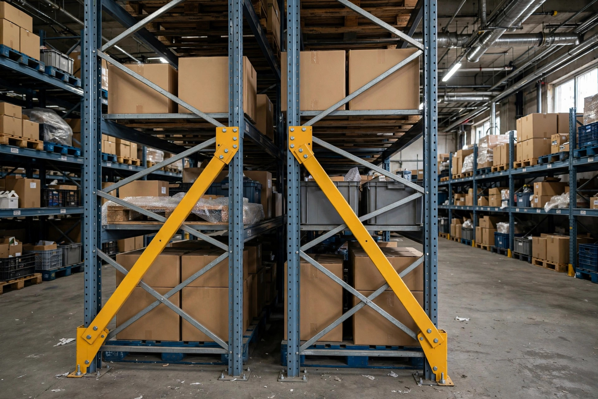 Seismic bracing on warehouse pallet racking