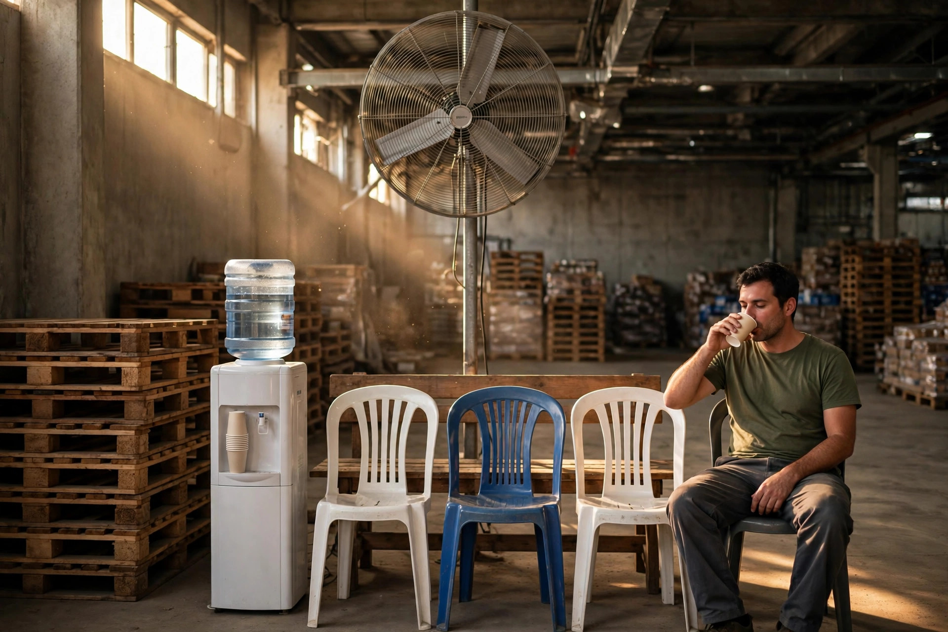Cool-down corner in a warehouse: industrial fan, water dispenser and chairs, a worker taking a water break