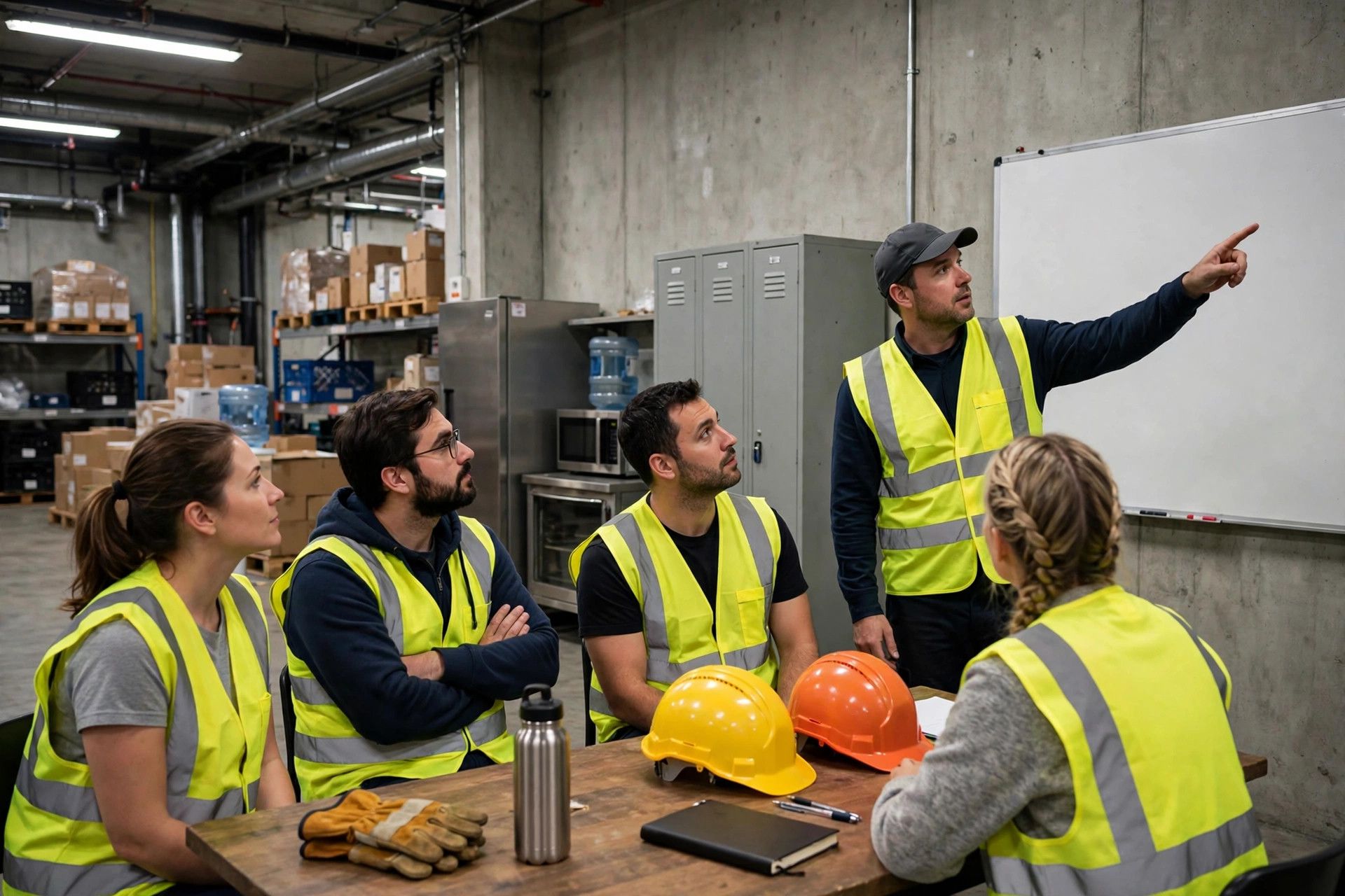 Warehouse workers in a break room during a safety training meeting