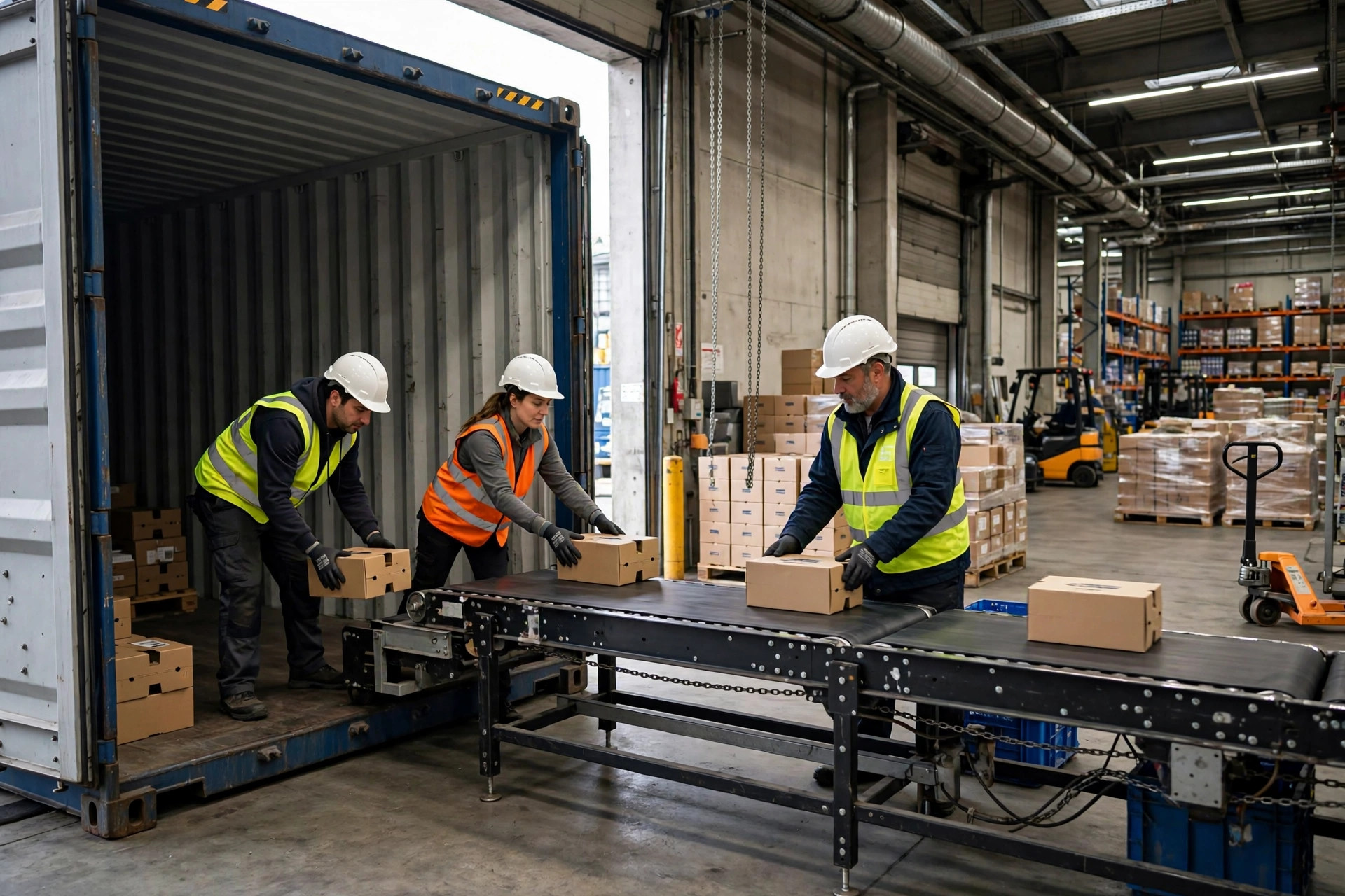 Warehouse dock workers unloading a shipping container, cartons moving onto a conveyor belt