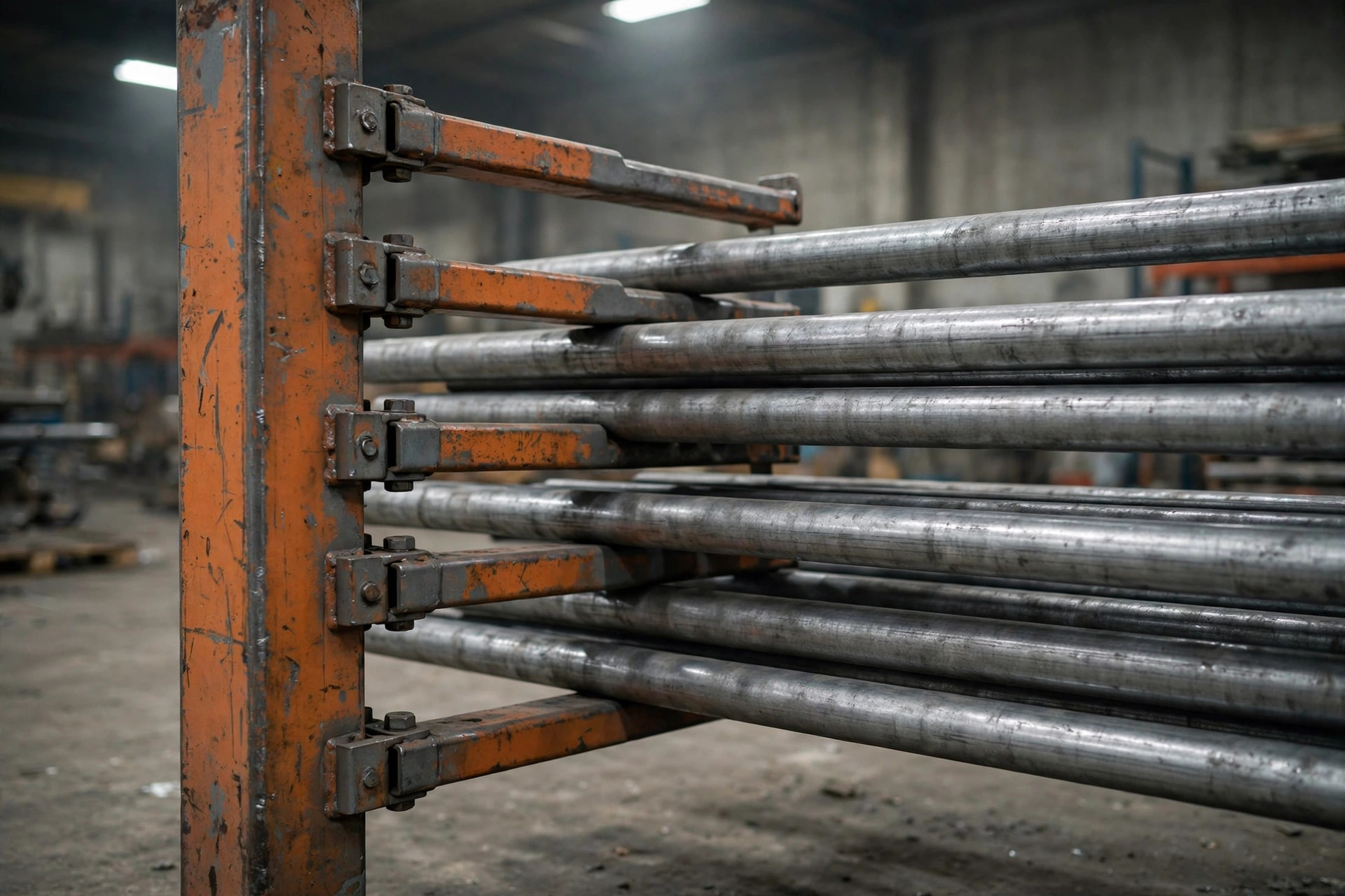 Close-up of cantilever rack arms holding long metal pipes