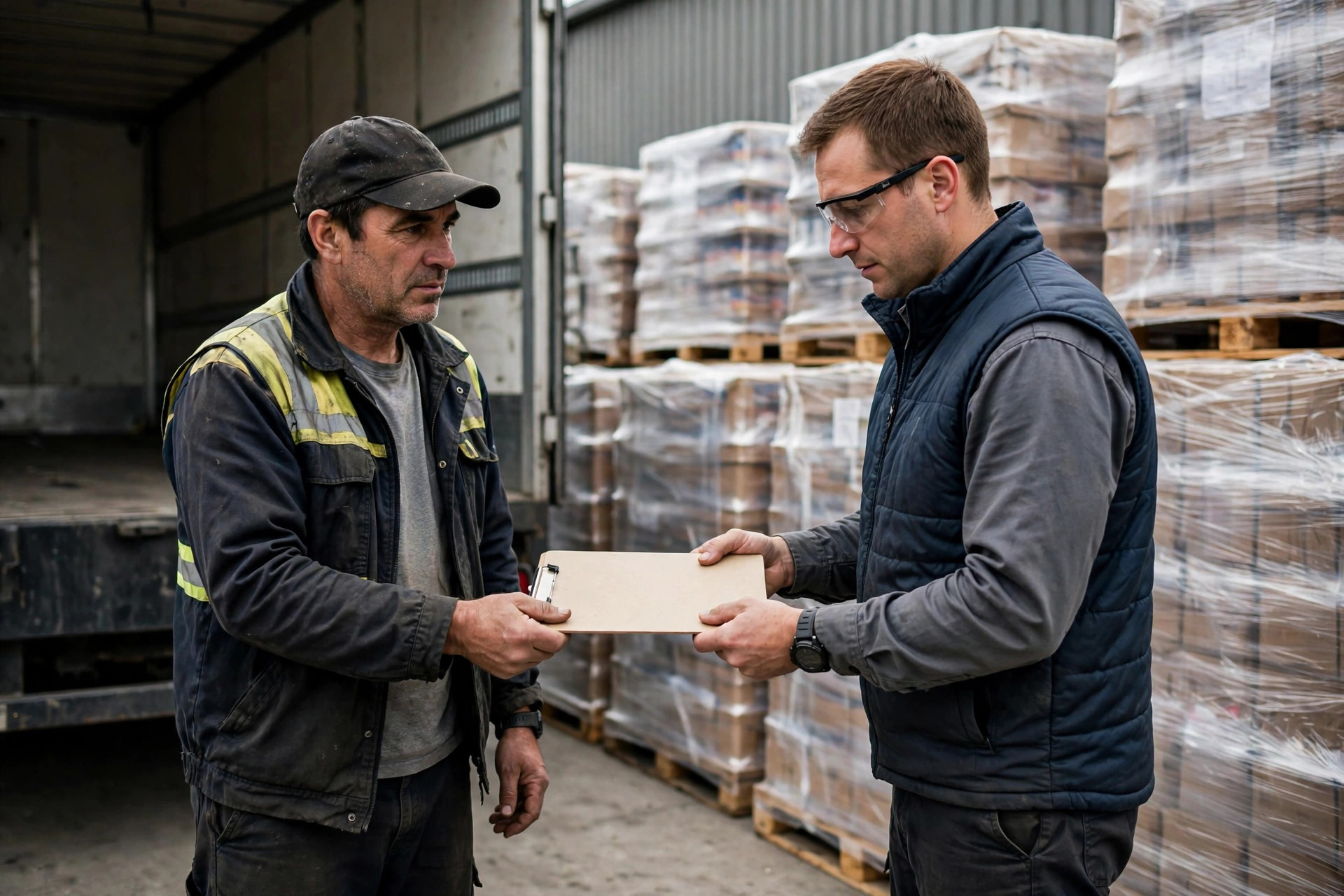 A driver handing the delivery receipt to a warehouse receiving clerk