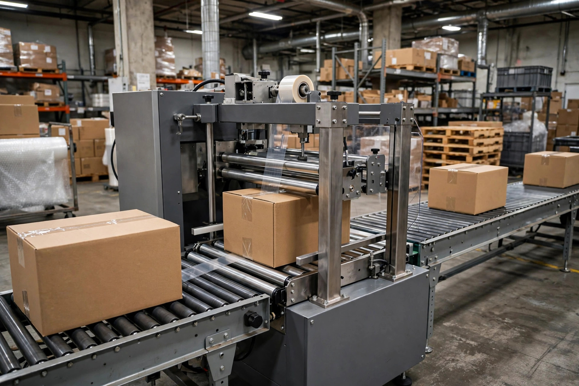 Case sealer scoring wheels and tape tension close-up