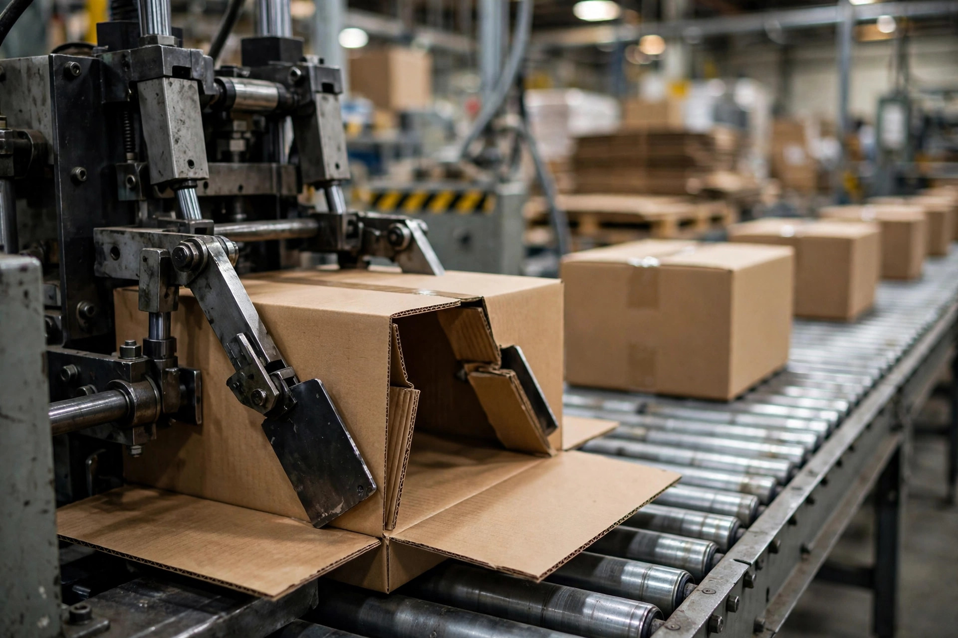Primer plano de una armadora automática formando cajas