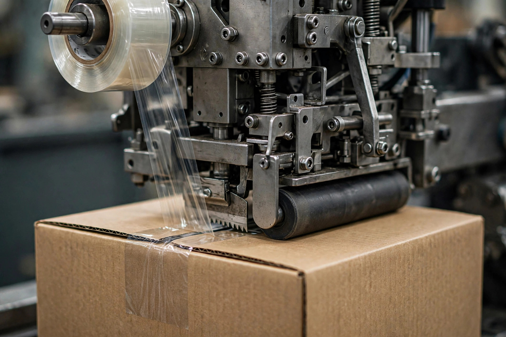 A case sealer taping cartons in operation