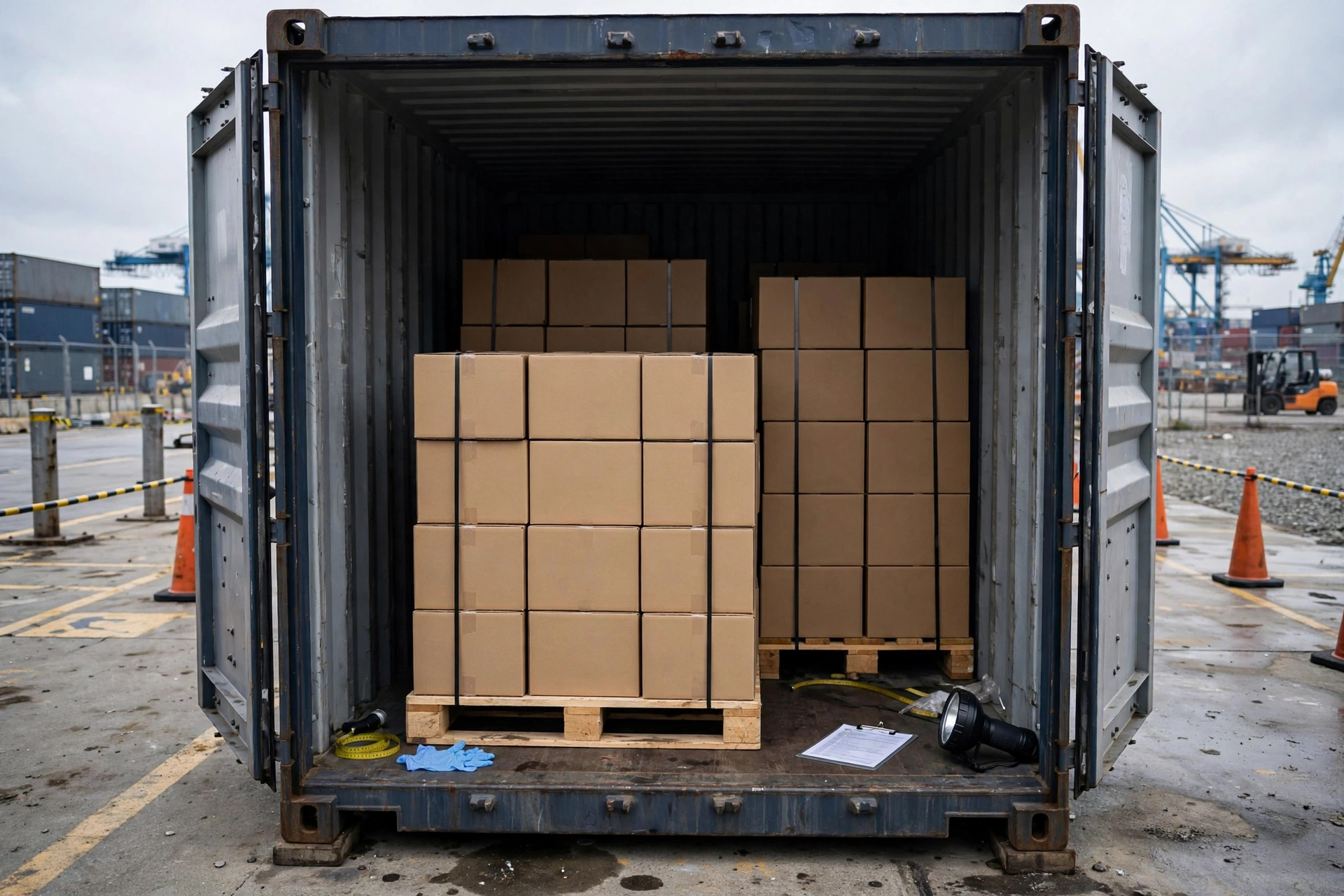 Open shipping container under customs inspection at a port