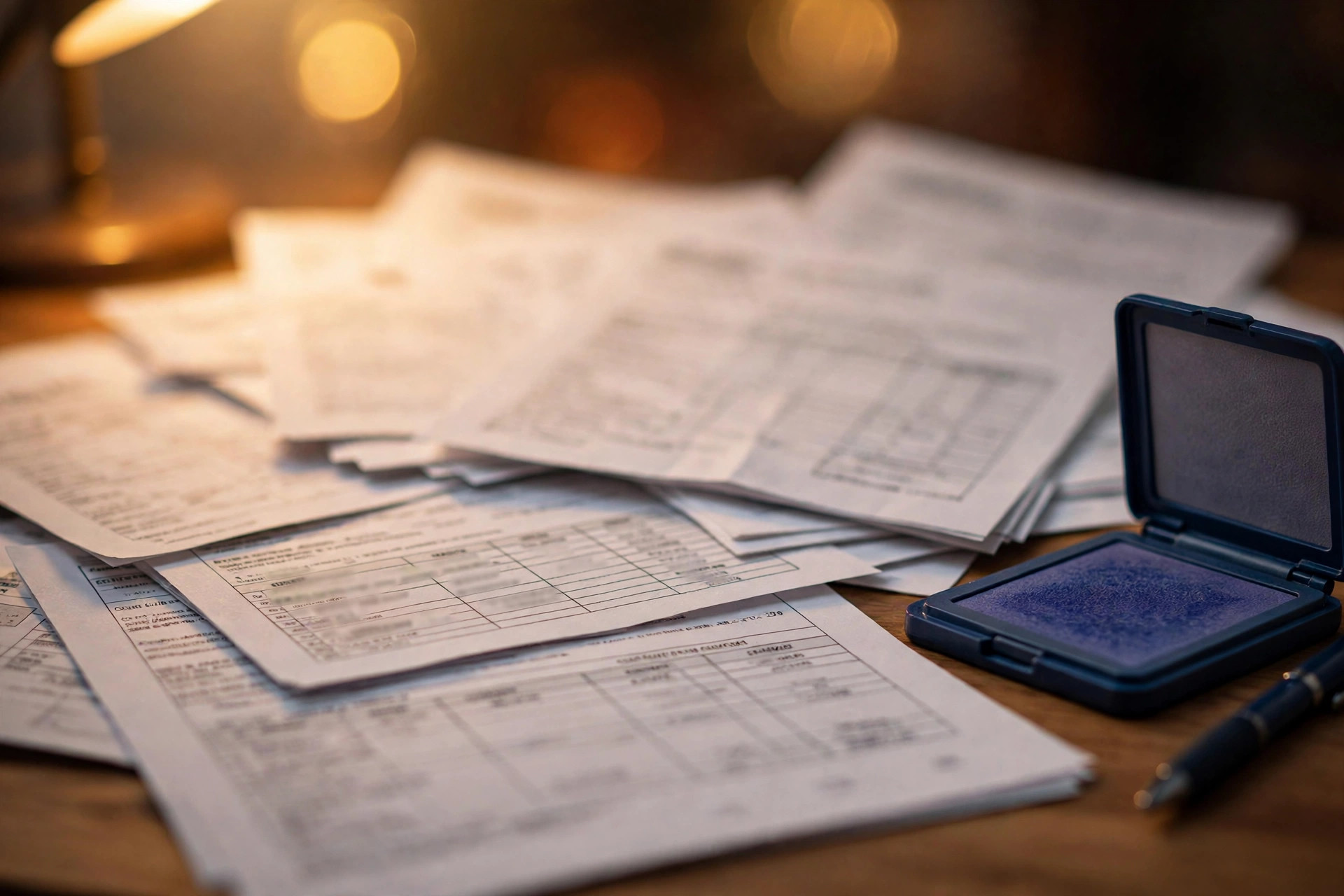 Close-up of customs declaration documents spread on a desk, text blurred