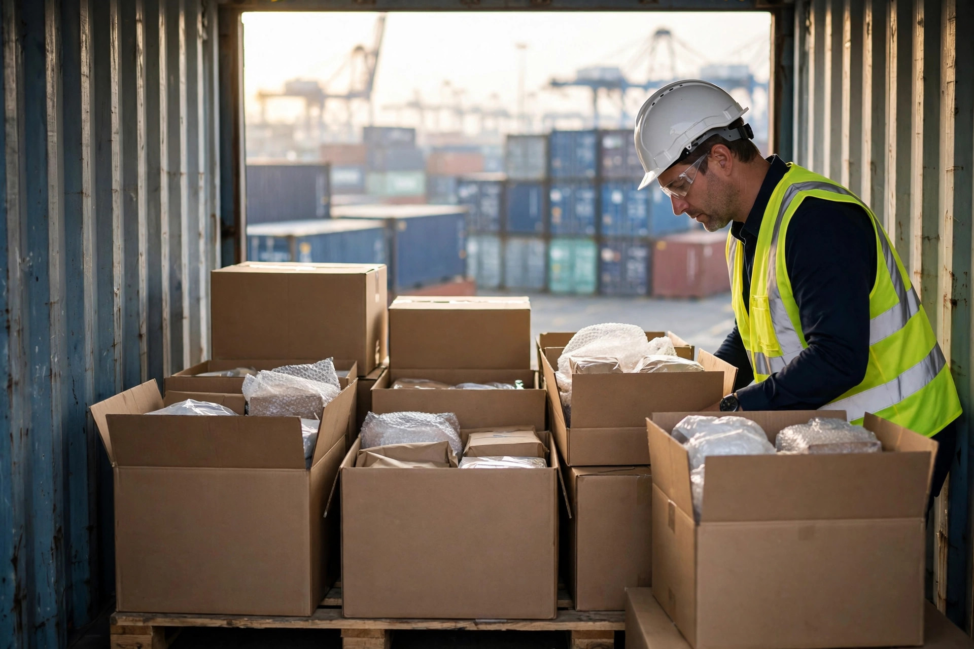 A CBP officer inspecting an opened container at a US port container terminal