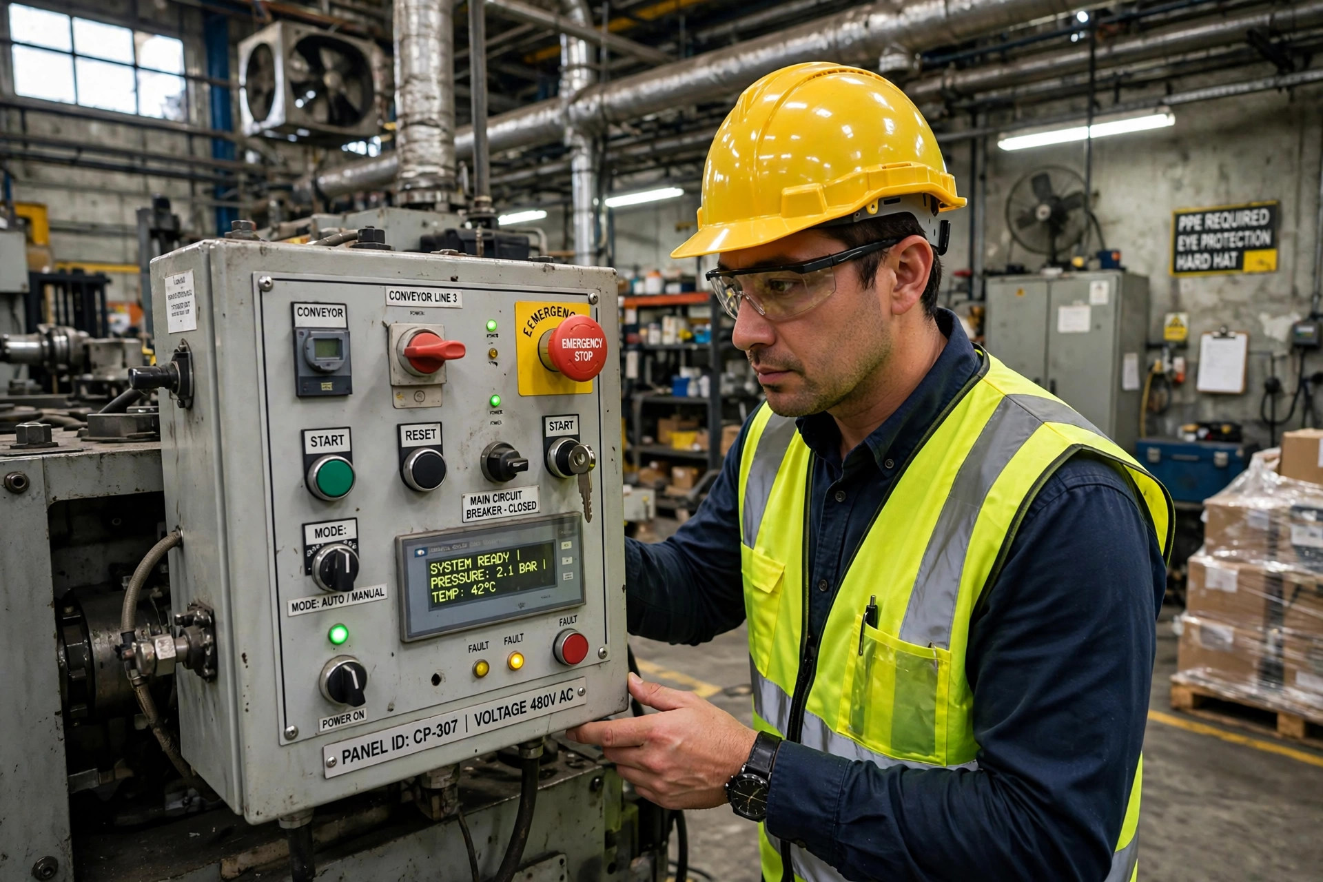 Engineer inspecting machine control panel with emergency stop button
