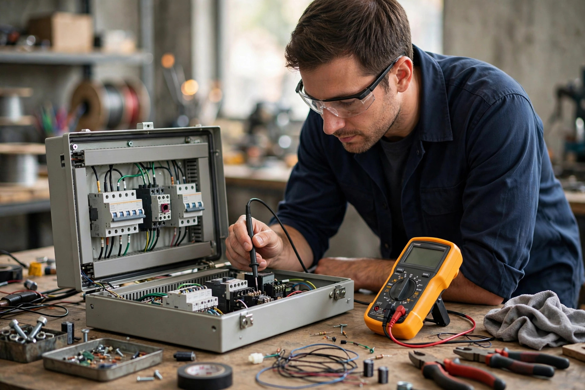 An engineer testing an industrial control panel