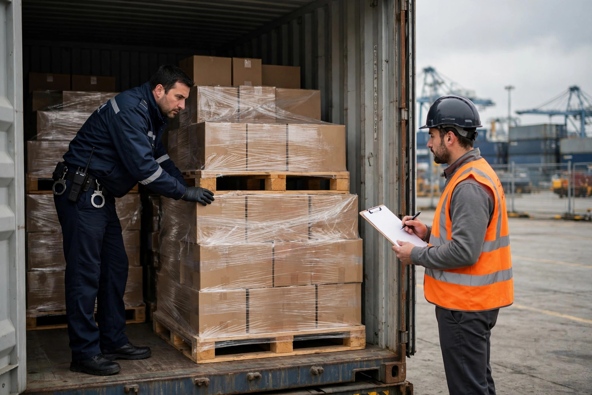 A customs officer inspecting an opened shipping container at a port