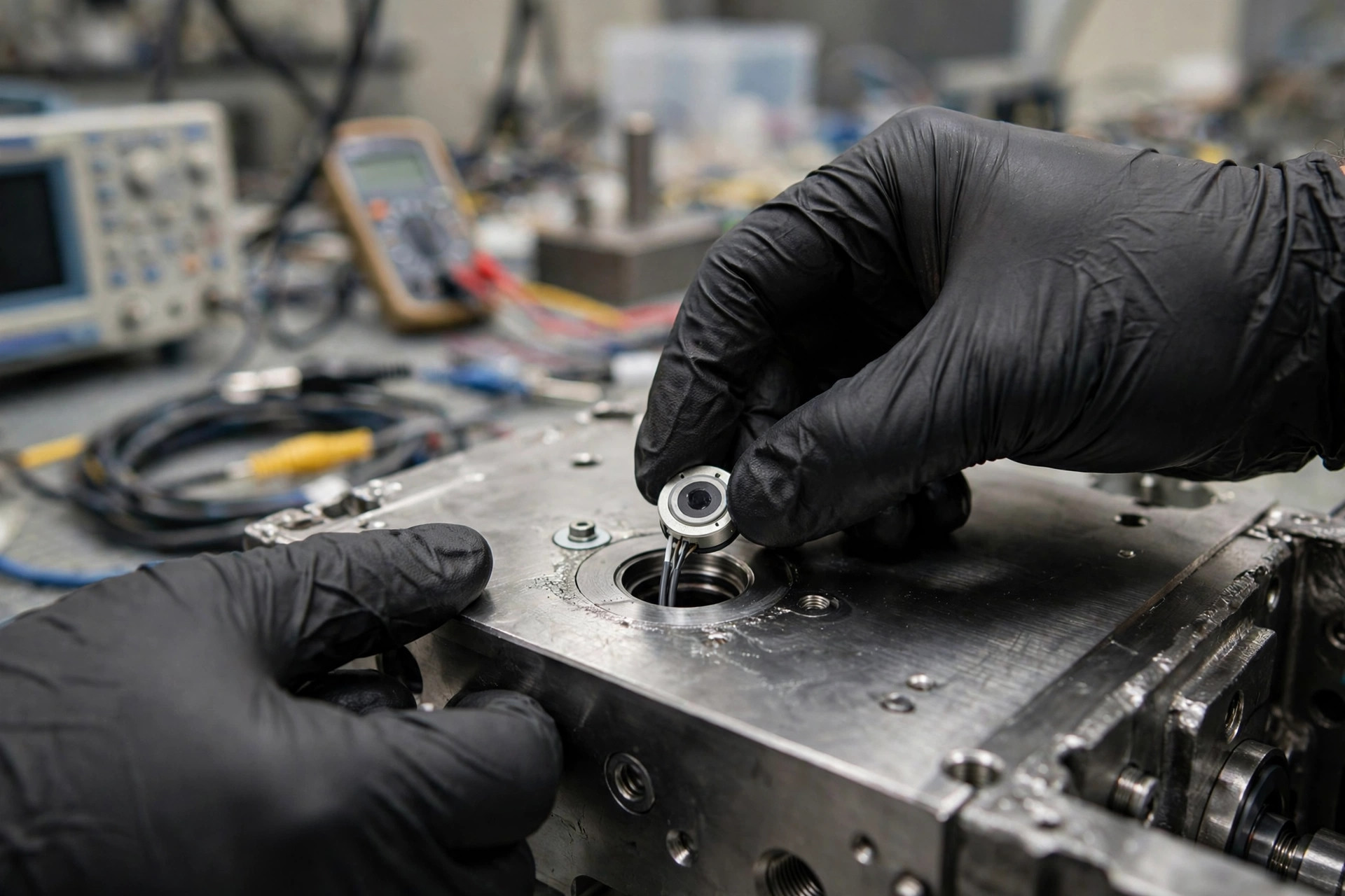 Ingeniero realizando pruebas de seguridad en un vehículo guiado automático en un laboratorio de certificación