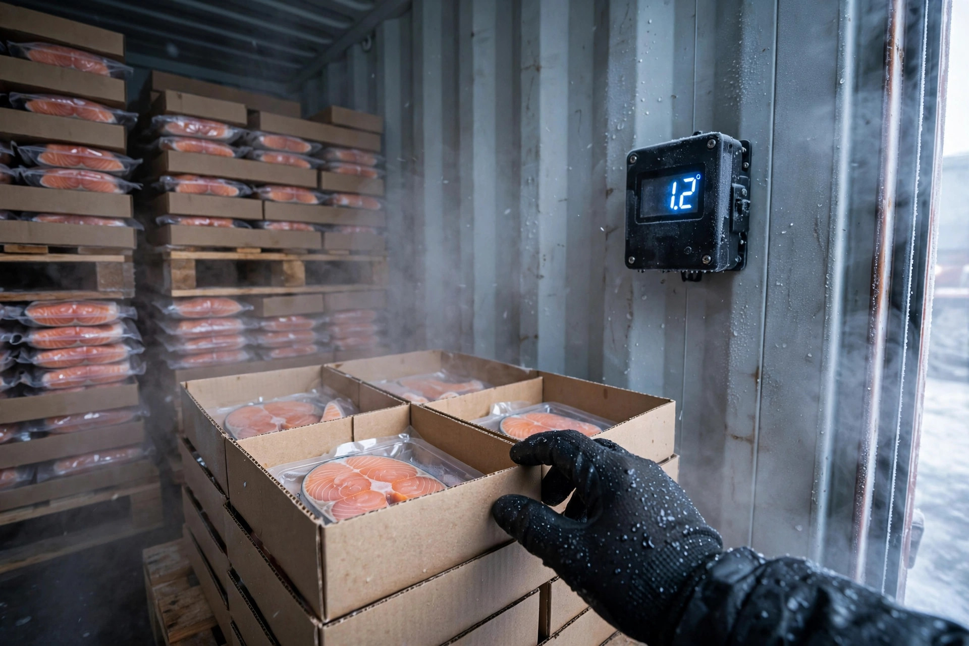 Contenedor reefer cargado con cajas de salmón sobre pallets, dispositivo de monitoreo de temperatura en la pared