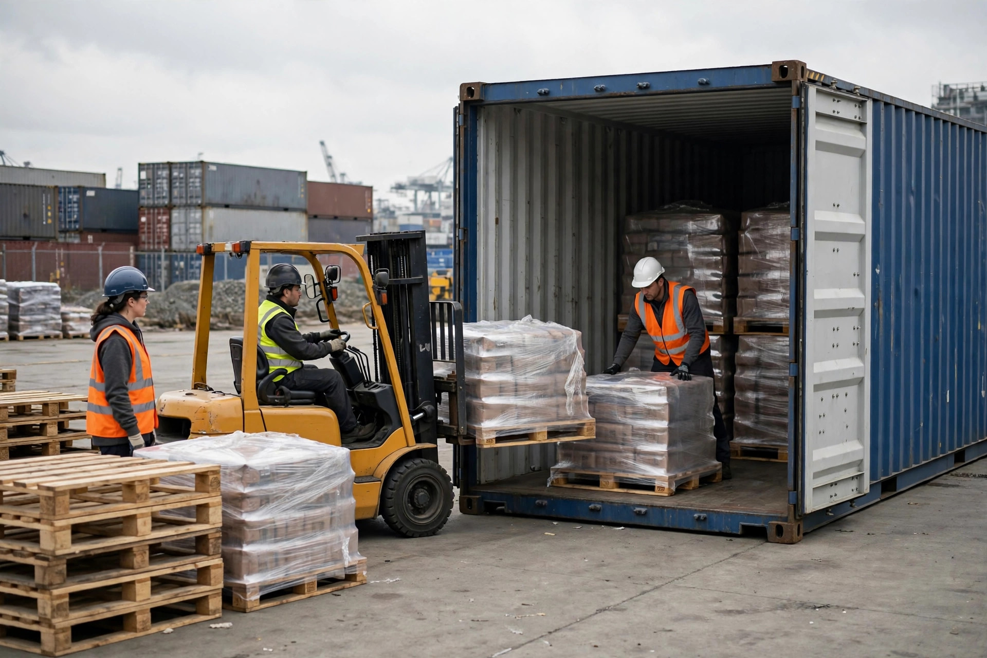 Consolidating palletized cargo into a container at a rail yard