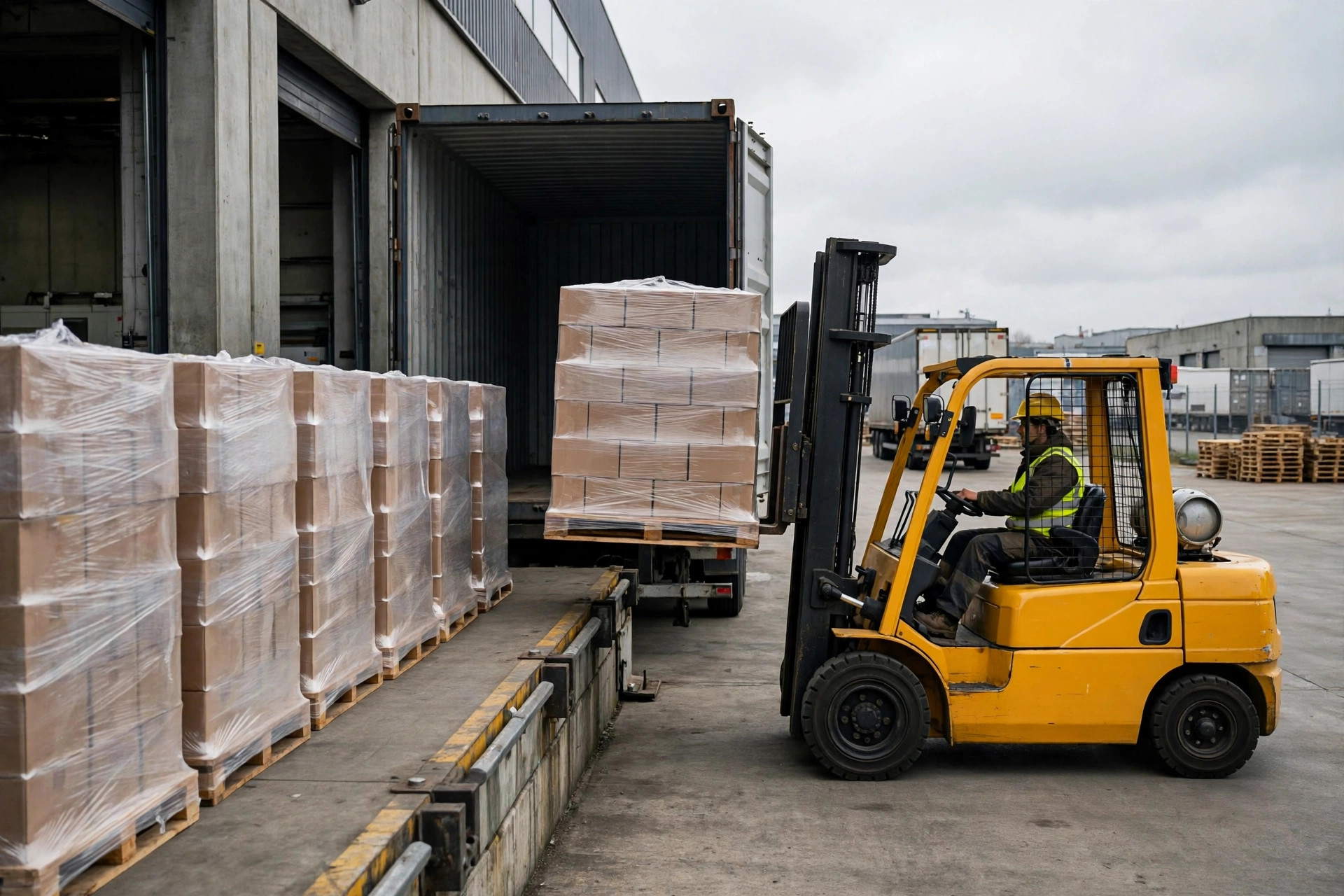 Forklift loading export cartons into a shipping container at a warehouse dock