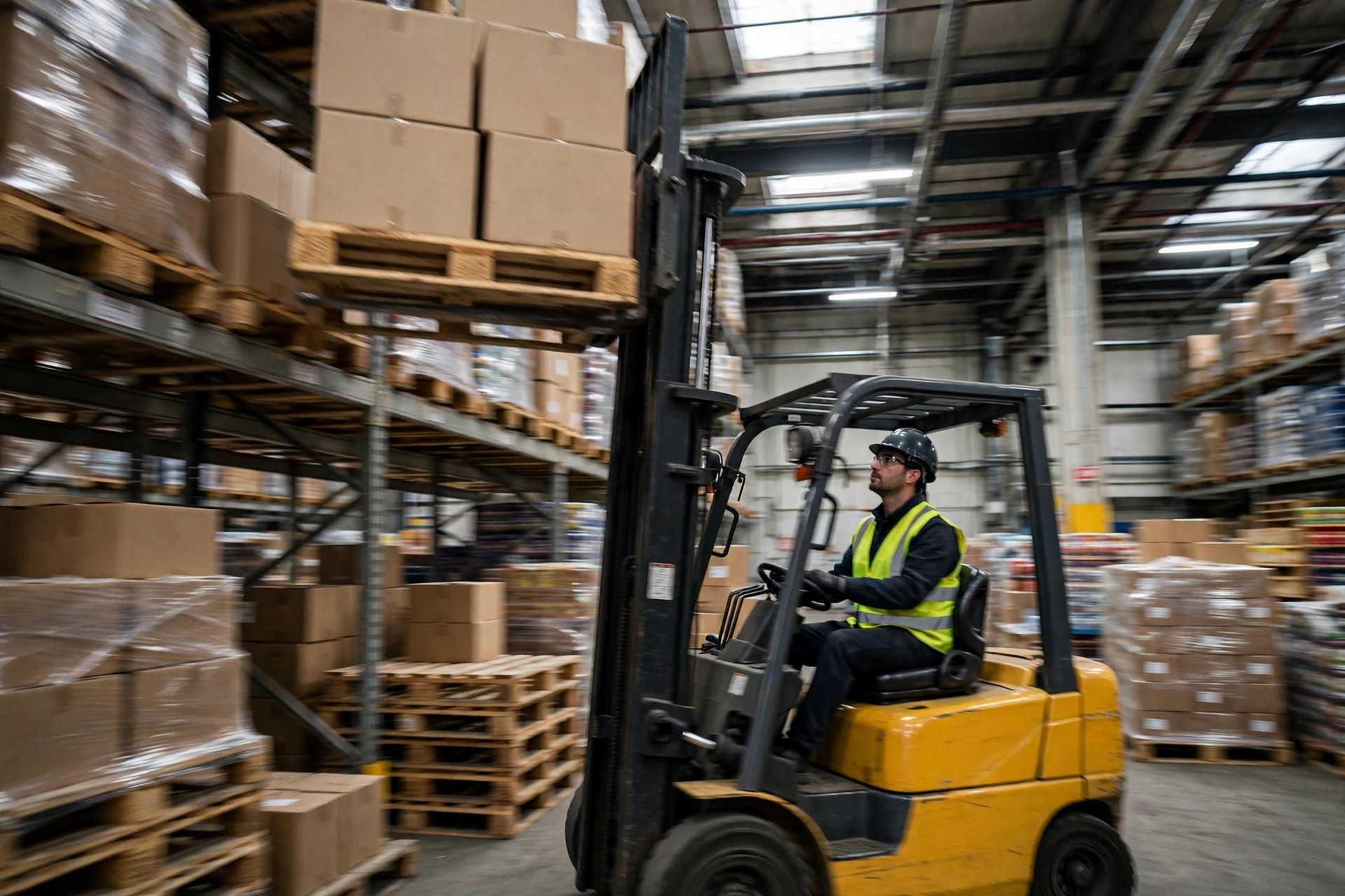 A forklift operator working at high racking in a warehouse
