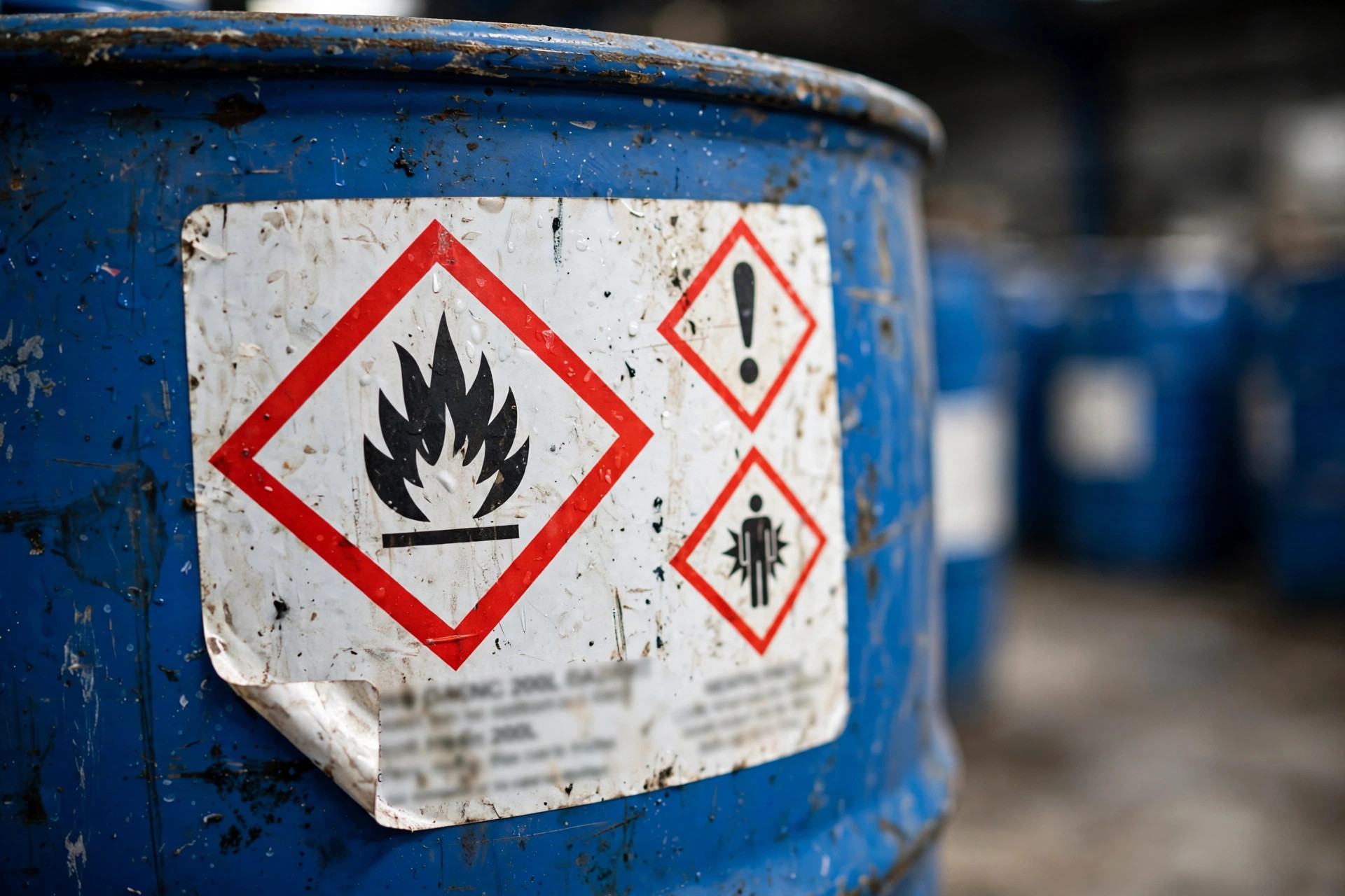 GHS hazard label on a chemical drum