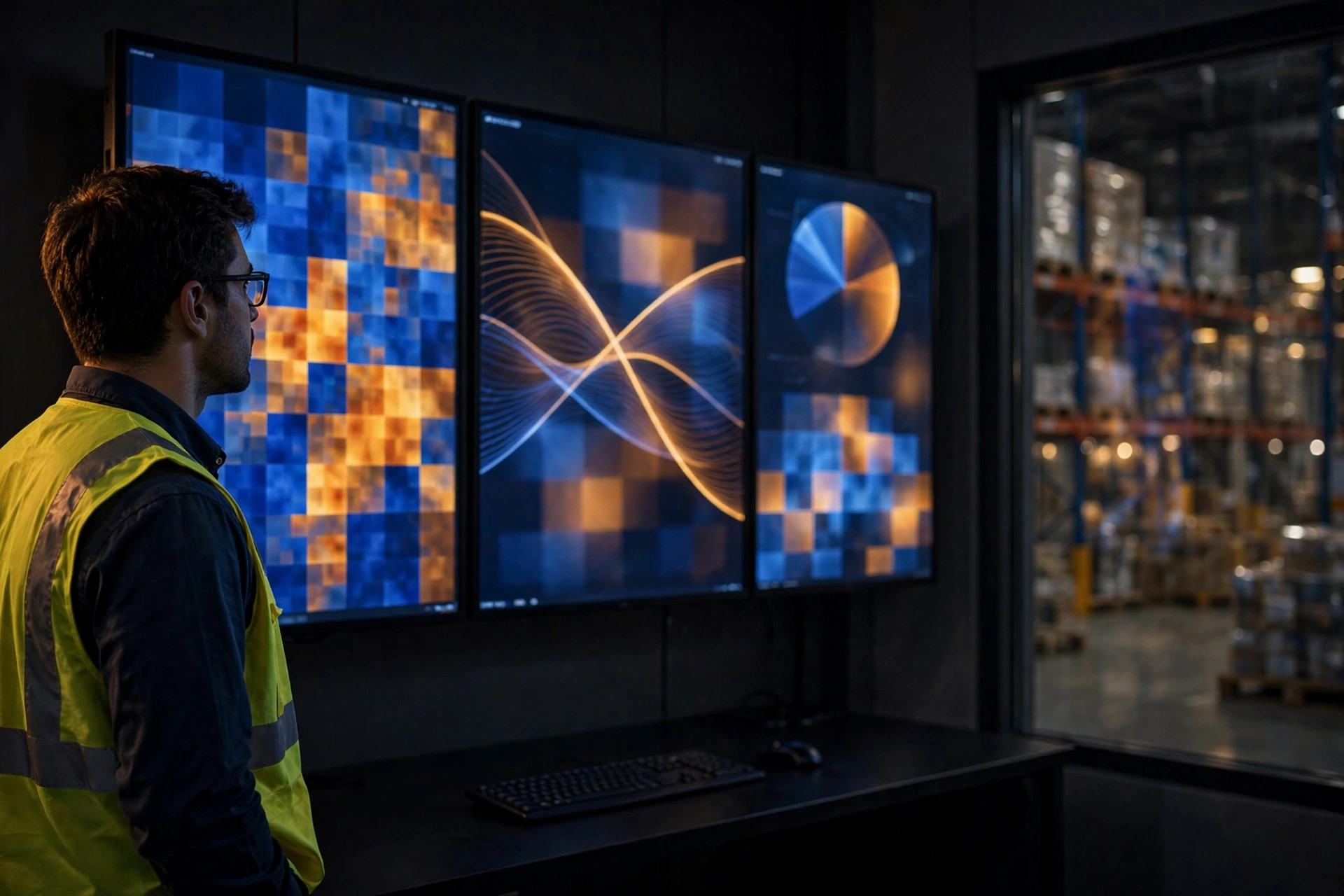 AMR fleet and vision inspection camera operating in a warehouse