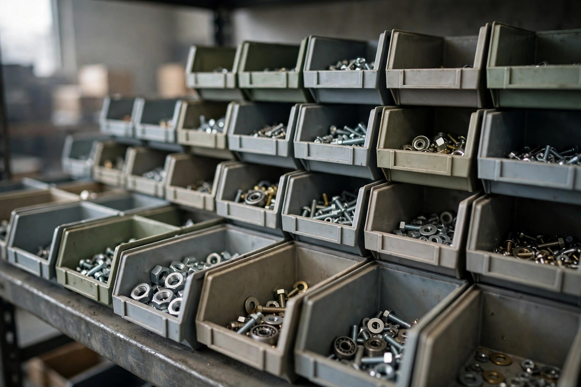 Close-up of small-parts bin shelving